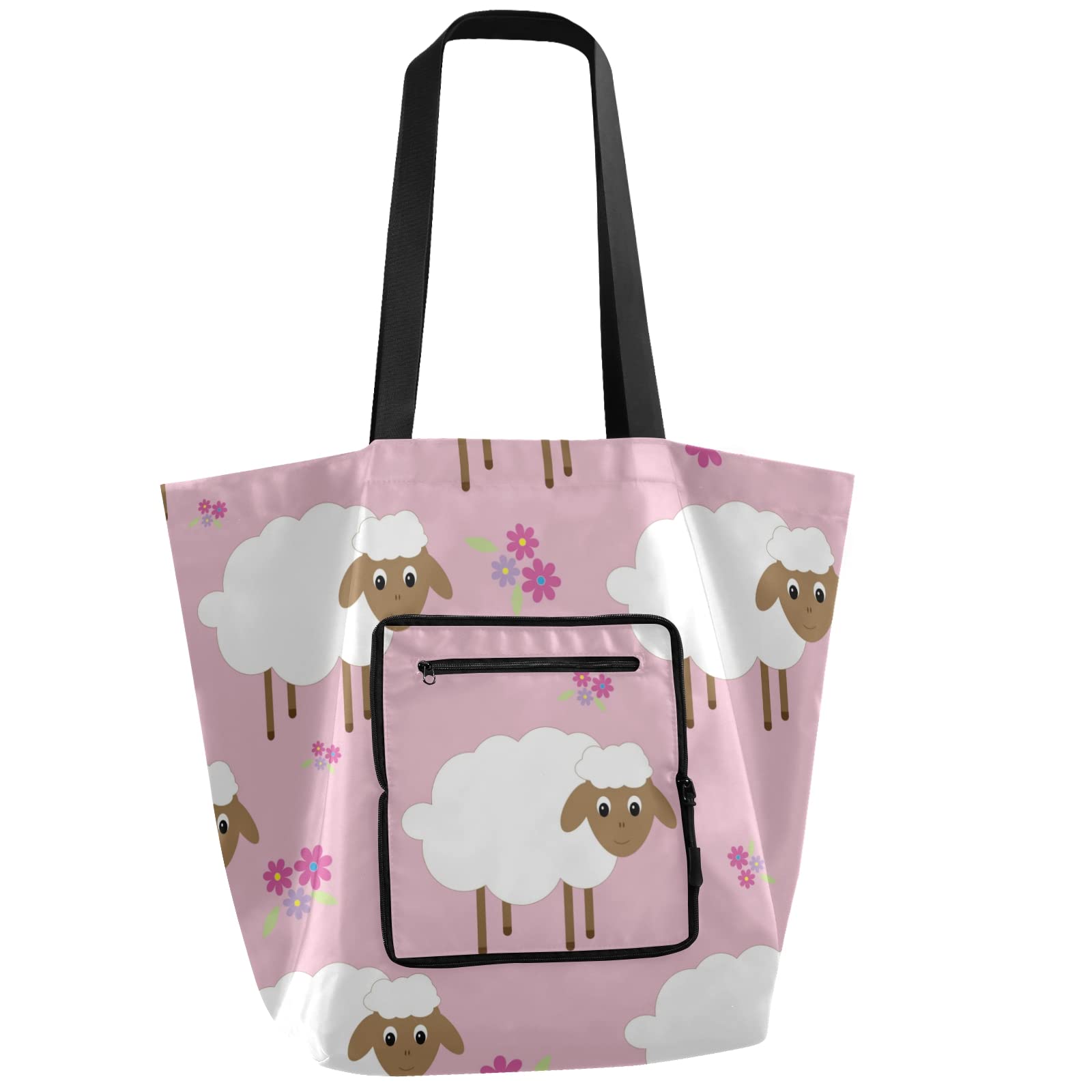 ALAZA Cute Sheep Print Large Pink Tote Bag - Reusable Foldable Grocery Shopping Bag with Handles for Women, Lightweight Shoulder Bag for Outdoor Picnic, Travel, Beach & Daily Use