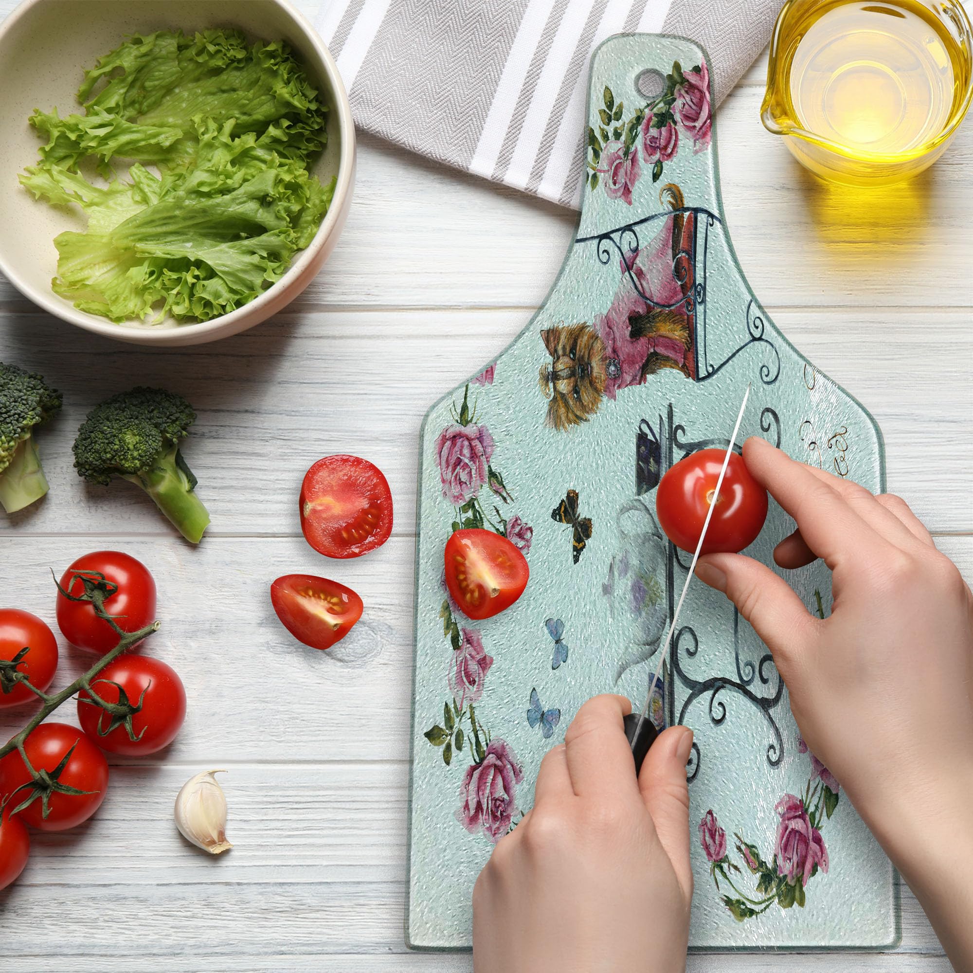 Ambesonne Yorkie Themed Cutting Board - Yorkshire Terrier in Pink Dress Tea Party Design with Butterflies & Roses - Tempered Glass Serving Board for Cheese, Charcuterie & Wine - Elegant Wine Bottle Shape in Pale Pink & White - Perfect for Kitchen Decor & Hostess Gifts