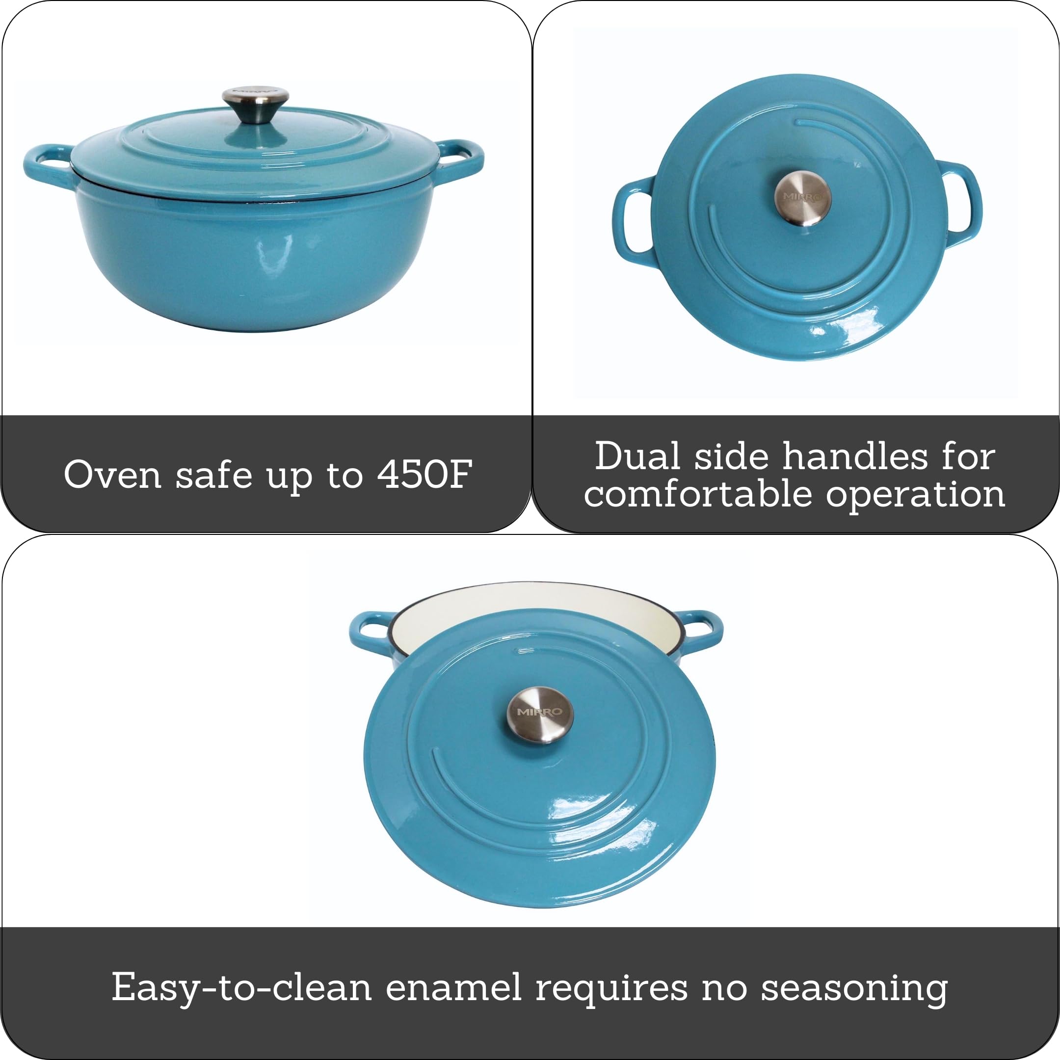 MIRRO 4.8 Quart Enameled Cast Iron Dutch Oven - Teal Blue Color - Perfect for Baking, Braising, Roasting & Slow Cooking Soups, Stews & Bread