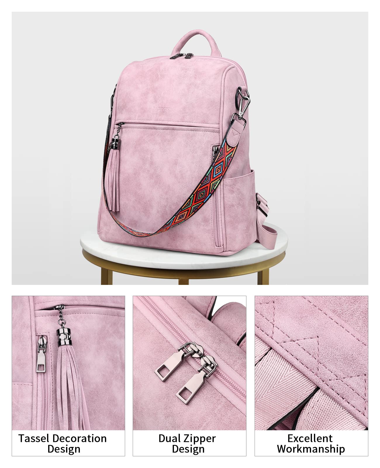 FADEON Women's Leather Backpack Purse - Stylish PU Shoulder Bag with Tassel for Travel, Work & Daily Use | Fashionable Pink Designer Handbag for Women