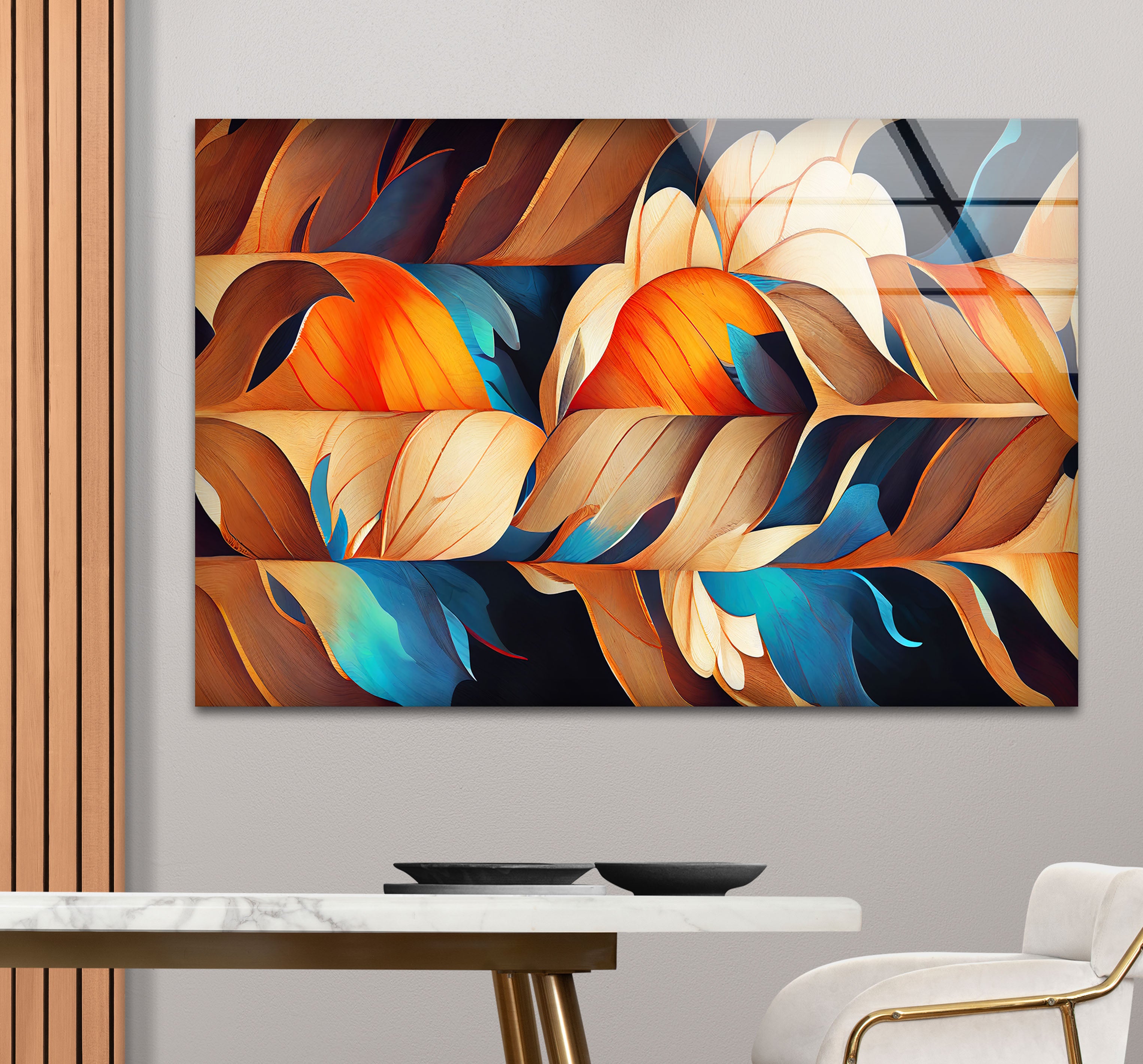 Abstract Feather Flow Glass Wall Art – Earthy Orange & Teal Nature Design Handmade Home Decor for Living Room, Bedroom & Office – Modern Nature-Inspired Wall Hangings