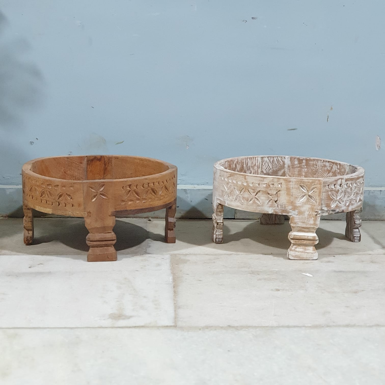 Hand Carved Solid Wood Chakki Grinder Coffee Table - 31x31x16cm Whitewashed Finish - Perfect for Living Room, Lounge & Boho Home Decor