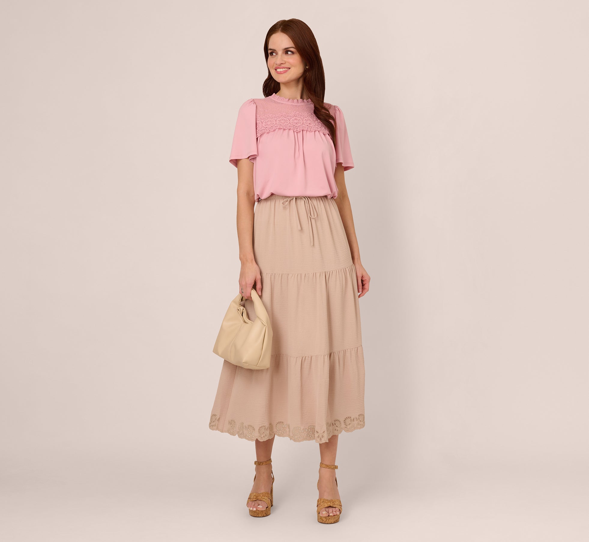 Breathable Bamboo Tiered Eyelet Hem Drawstring Midi Skirt - Women's Summer Boho Skirt for Beach, Vacation & Casual Outfits