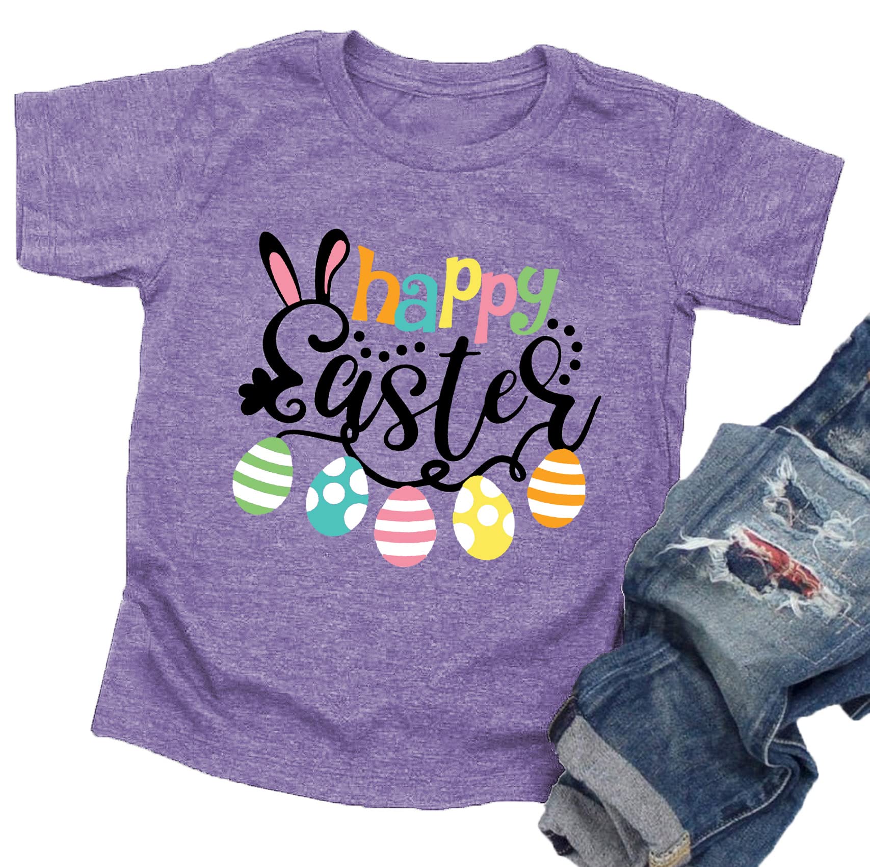 Happy Easter Bunny Rabbit Graphic T-Shirt for Toddler Boys & Girls - Cute Easter Egg Letter Print Tee - Perfect for Easter Egg Hunts, Family Photos & Spring Celebrations