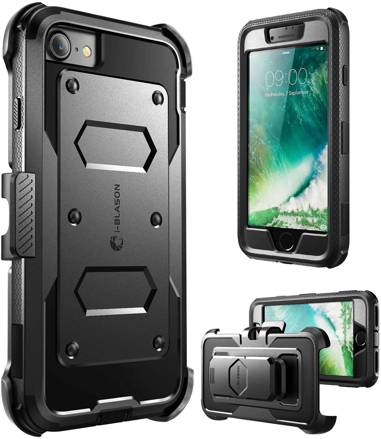 i-Blason Armorbox Rugged Holster Case with Built-in Screen Protector for iPhone SE 2022 (3rd Gen) / iPhone SE 2020 / iPhone 8 / iPhone 7 - Black | Shockproof Full-Body Protection for Outdoor, Work & Daily Use