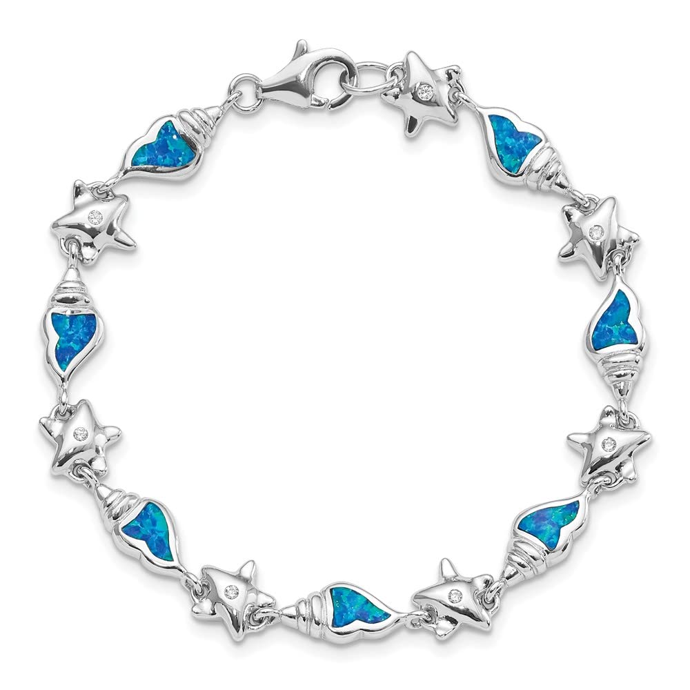 925 Sterling Silver Starfish & Seashell Bracelet with Cubic Zirconia & Blue Opal - Elegant Women's Jewelry Gift for Her (7.25