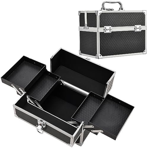 Stagiant Professional Makeup Train Case with 4-Tray Organizer - Large Cosmetic Storage Box for Makeup Artists & Beauty Enthusiasts - Perfect for Travel, Salon, Home Vanity & Nail Art Organization (Black)