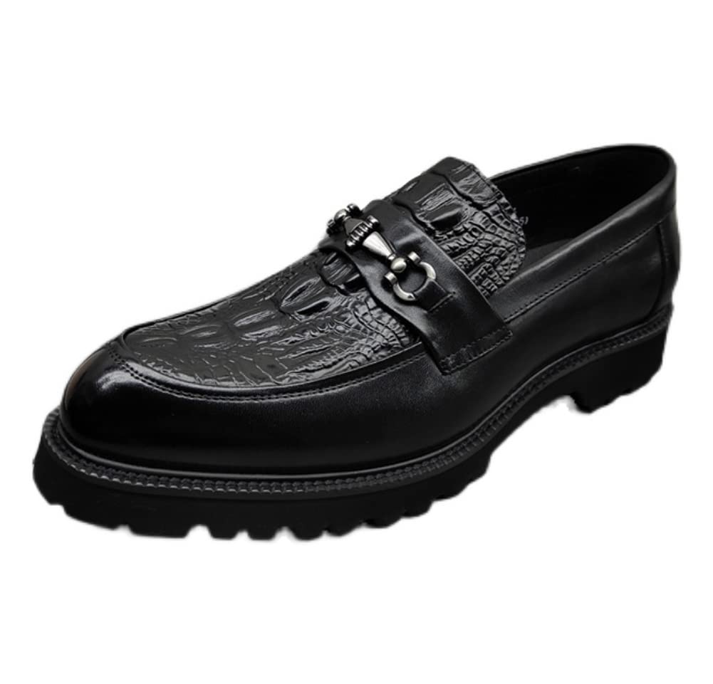 VIVIANSHOP Men's Pointed Toe Leather Slip-On Dress Shoes - Genuine Cowhide Embossed Platform Loafers for Men, Black Size 37 EU - Perfect for Office, Wedding & Formal Occasions