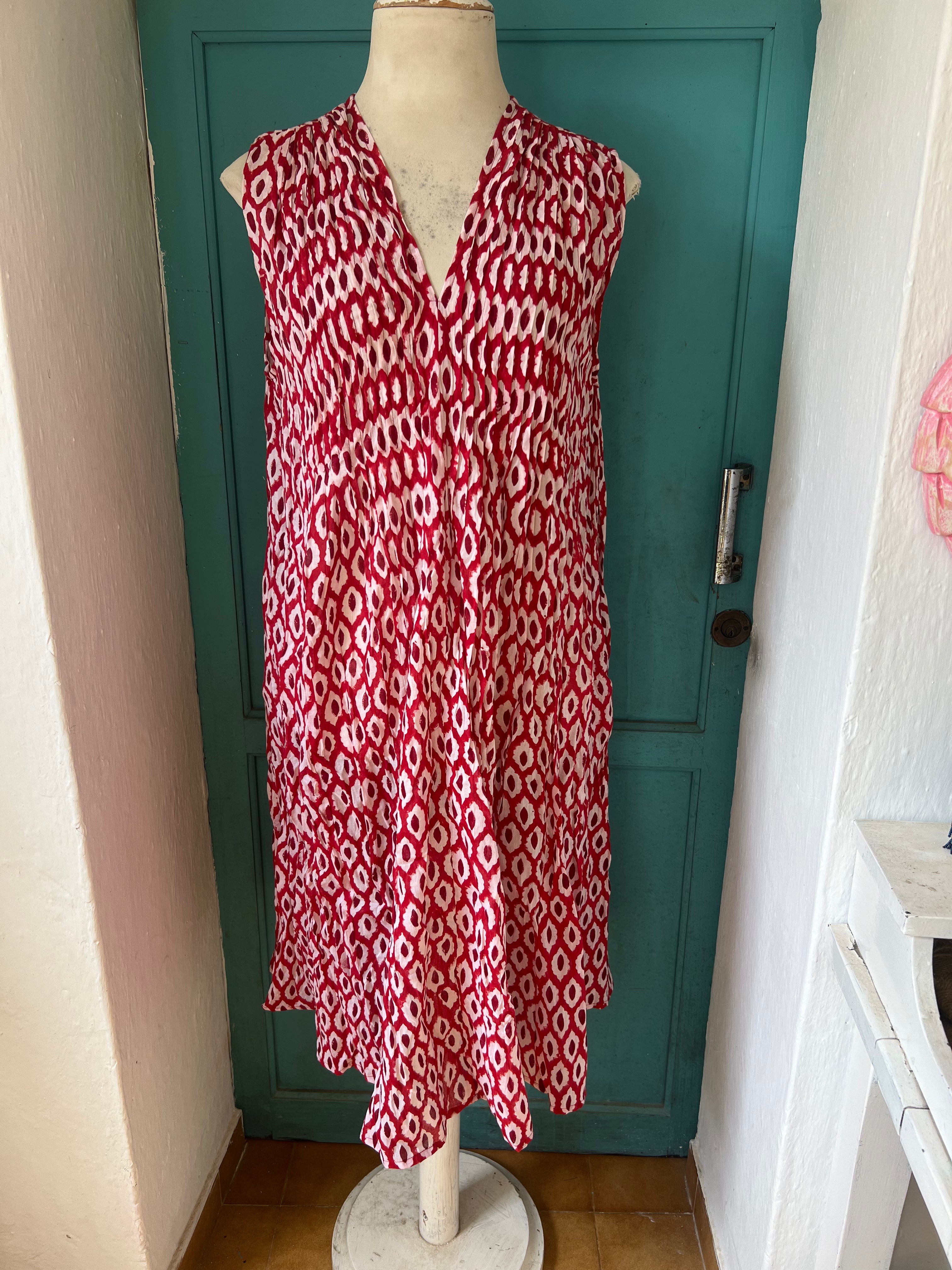 Stylish Red Cotton Mid-Length Pleated Dress for Women - Perfect for Casual Outings, Summer Parties & Office Wear
