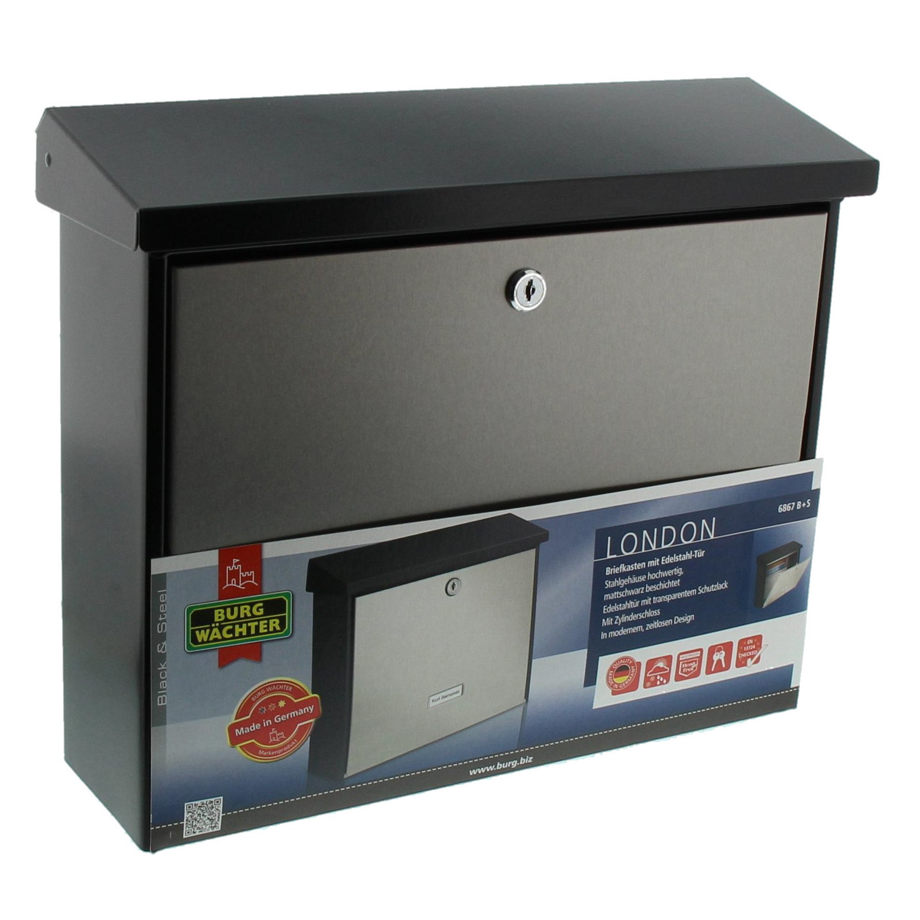 Burg-Wächter London 6867 Black Steel Mailbox - Secure & Durable Outdoor Post Box for Home, Office, or Garden - Perfect for Mail & Package Delivery