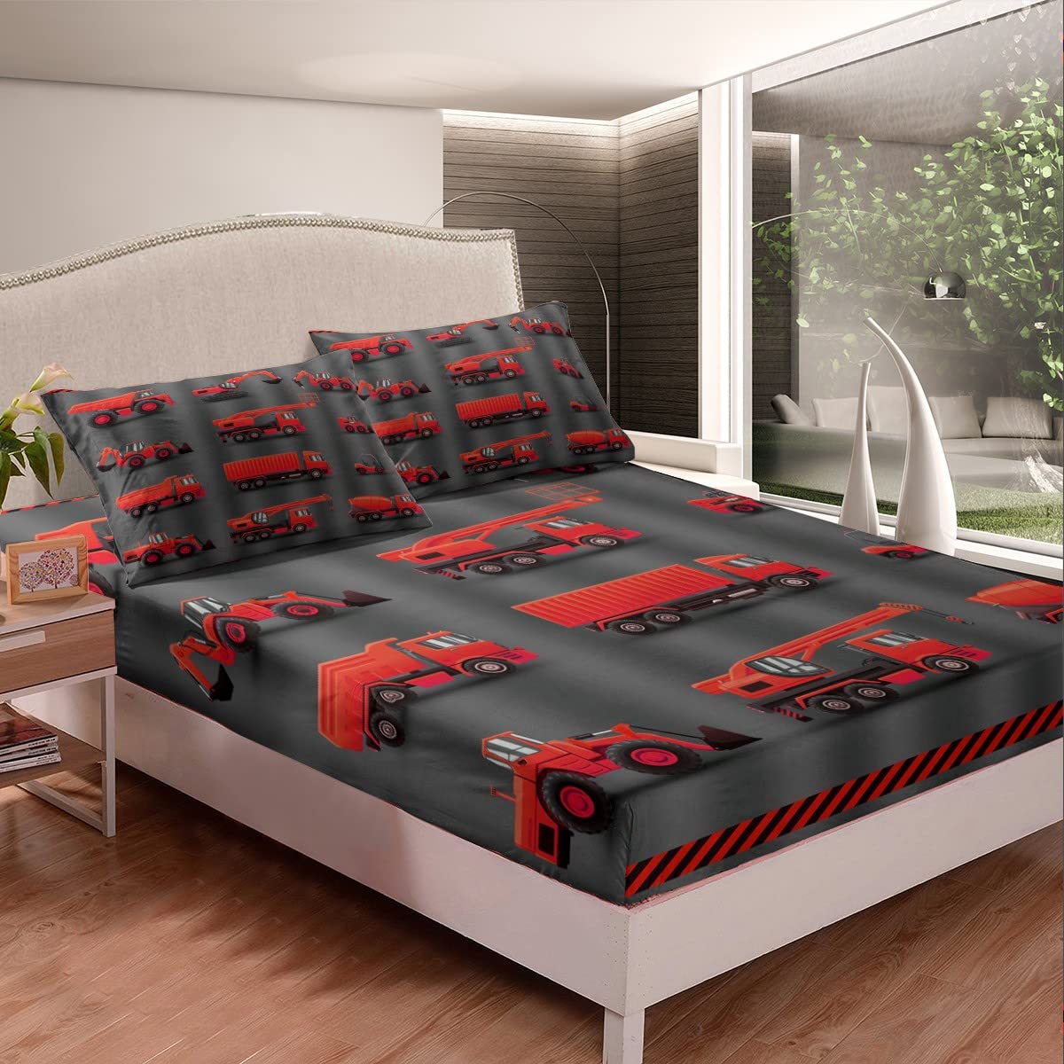 Feelyou Cartoon Excavator Bed Sheet Set - Red, Grey & Black Construction Themed Twin Size (1 Flat Sheet + 1 Pillowcase) | Fun Kids Bedding for Boys, Perfect for Construction-Themed Rooms & Playful Bedtime Adventures
