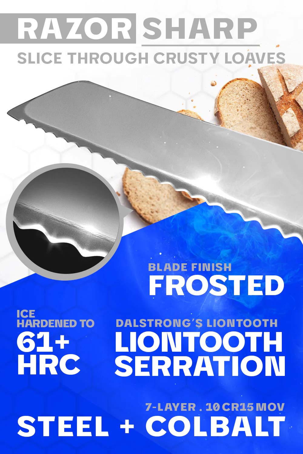 Dalstrong Frost Fire Series 8-Inch Bread Knife - NSF Certified - Sharp Stainless Steel Blade for Slicing Bread, Cake & Pastries - Perfect for Home Bakers & Professional Chefs