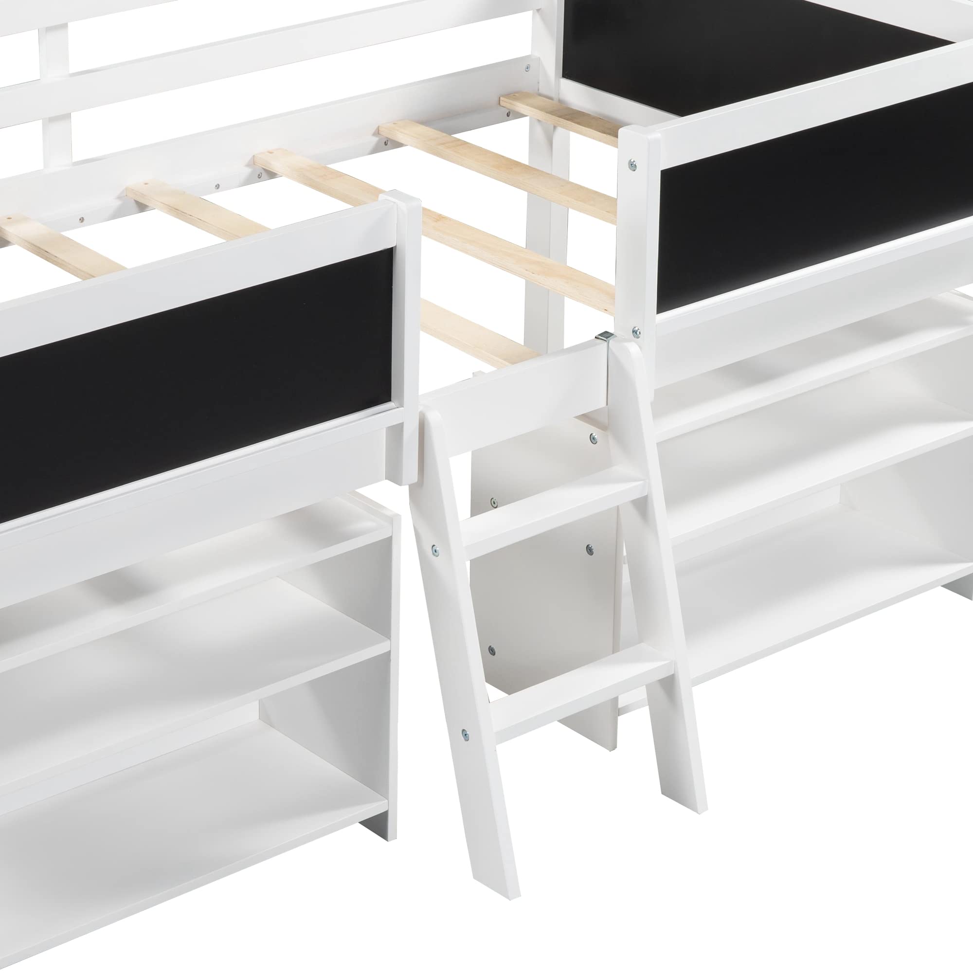 Polibi Twin Size Low Loft Bed with Movable Shelves & Ladder - Solid Wood Bunk Bed with Decorative Guardrail Chalkboard (White) - Space-Saving Kids Bedroom Furniture for Small Rooms & Dorm Decor
