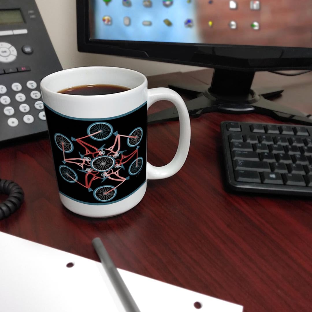 15oz Cool Kaleidoscope Bike Coffee Mug - Ceramic MTB Mug with Handle for Bicycle Lovers - Perfect Cycling Gift for Riders, Commuters & Outdoor Enthusiasts