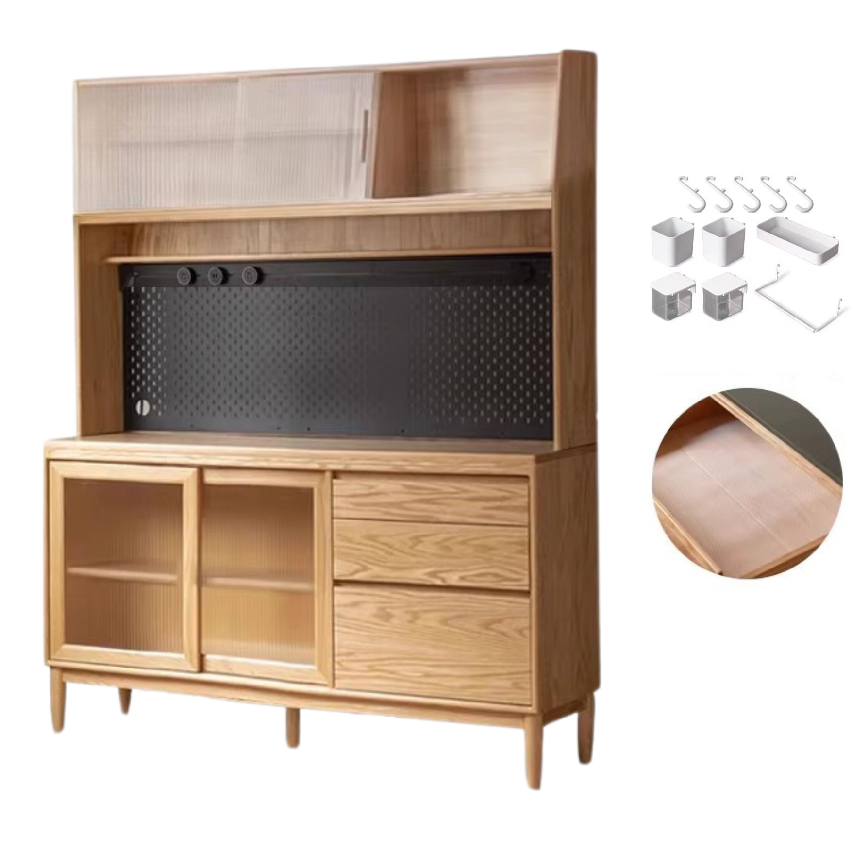 59x15.7x78.7inch / 150x40x200.8 cm / Natural Wood Color /Oak solid wood sideboard + upper shelf+ Bull rail with waterproof drawer bottom pad + perforated board seven-piece set
