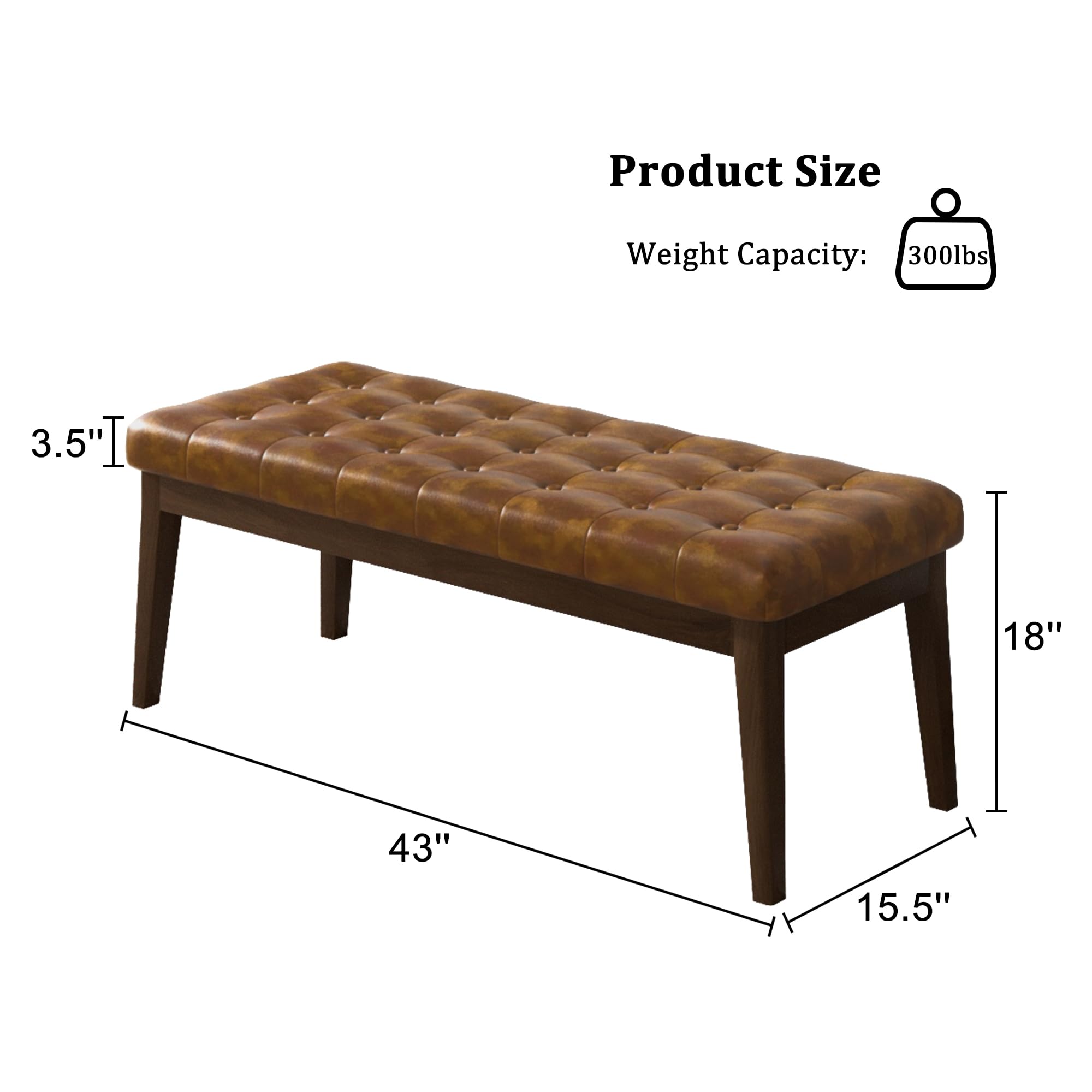 Faux Leather Tufted Bedroom Bench with Solid Wood Legs - Stylish End of Bed Bench for Bedroom, Living Room & Entryway (Brown) | Perfect for Seating, Storage & Home Decor
