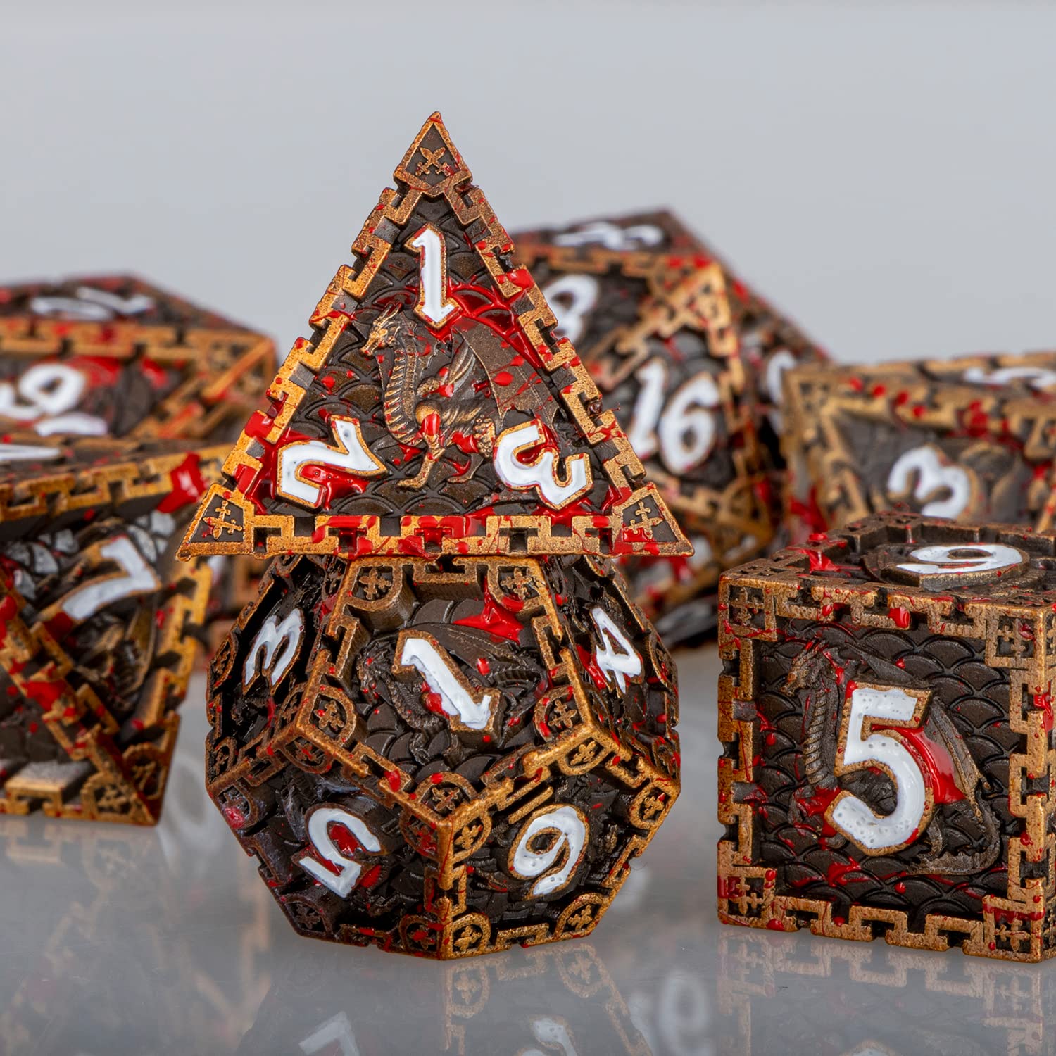 ARUOHHA 7PCS DND Metal Dice Set - Antique Gold Blood Polyhedral Dice for Dungeons & Dragons RPG, D&D Dice Set with D20 D12 D10 D8 D6 D4 - Perfect for Tabletop Gaming, Role Playing Games & Collectors - Comes with Elegant Gift Box
