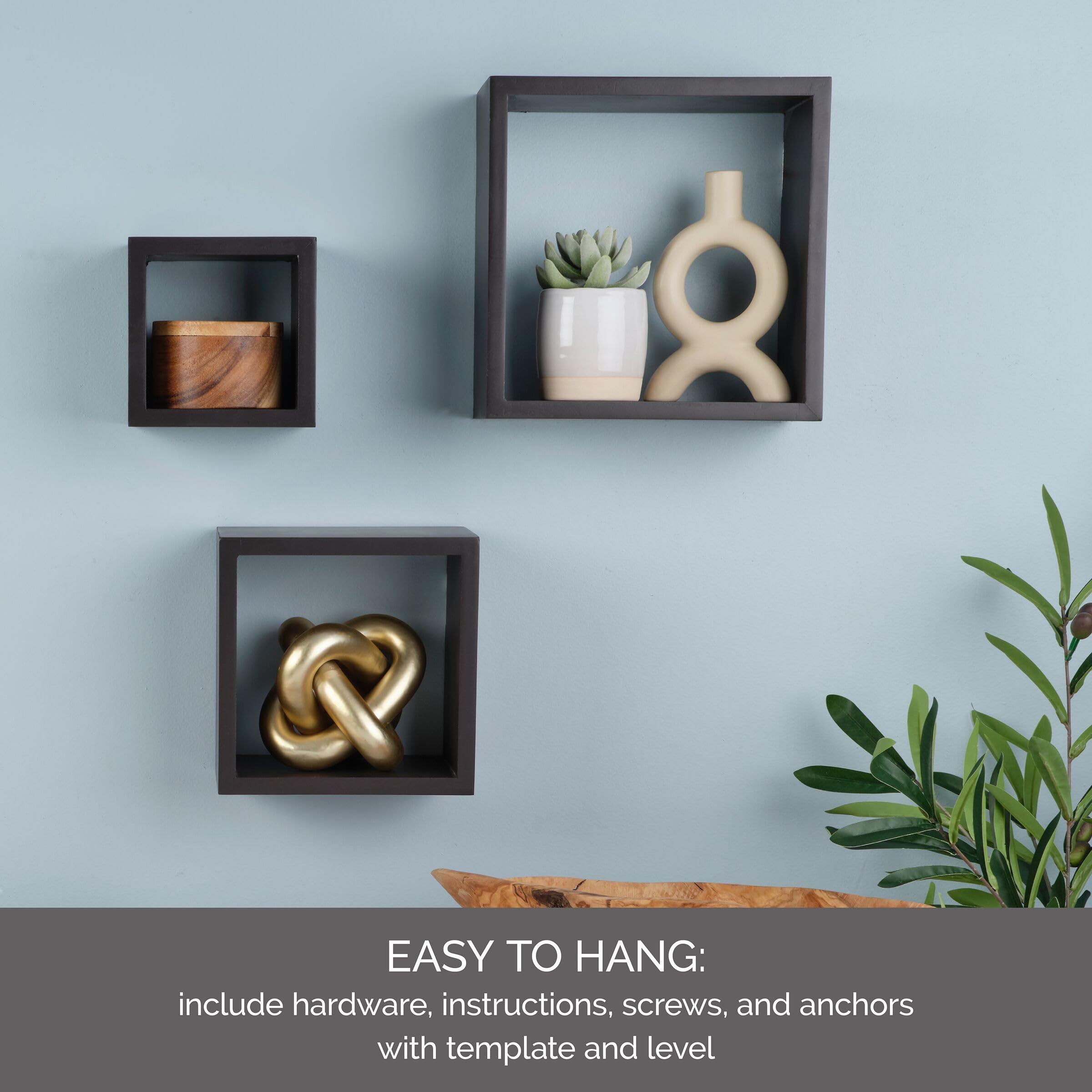 Melannco Floating Wall Square Cube Shelves - Set of 3, Espresso Wood Wall Shelves for Bedroom, Living Room, Bathroom & Kitchen - Perfect for Home Decor, Storage and Displaying Books, Plants & Photos