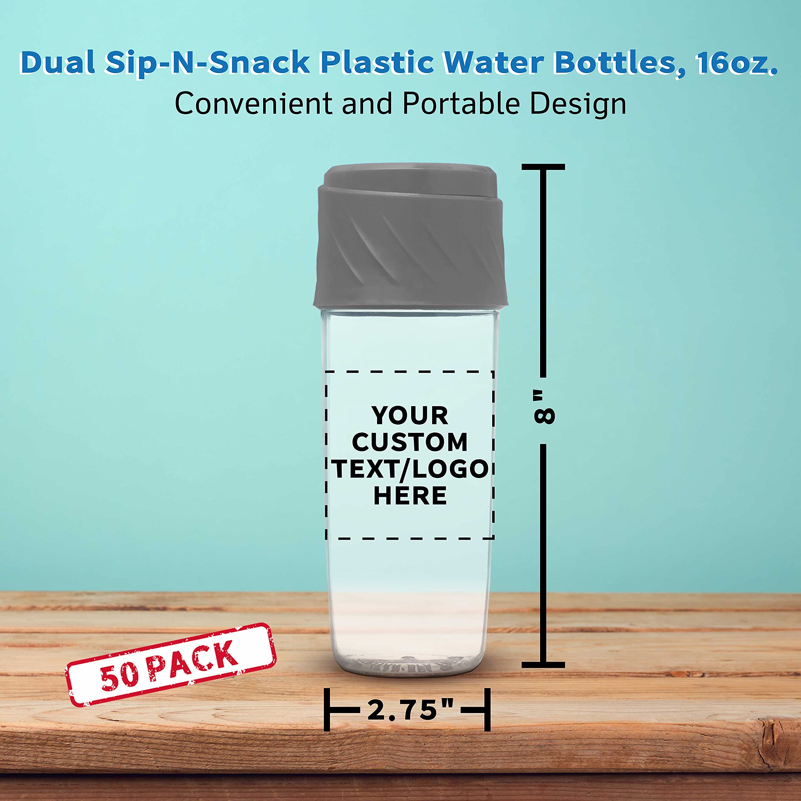 50 Pack 16 oz BPA-Free Dual Sip-N-Snack Plastic Water Bottles with Screw-On Lid - Custom Text & Logo Printing - Perfect for Sports, Schools, and Corporate Events (Grey)