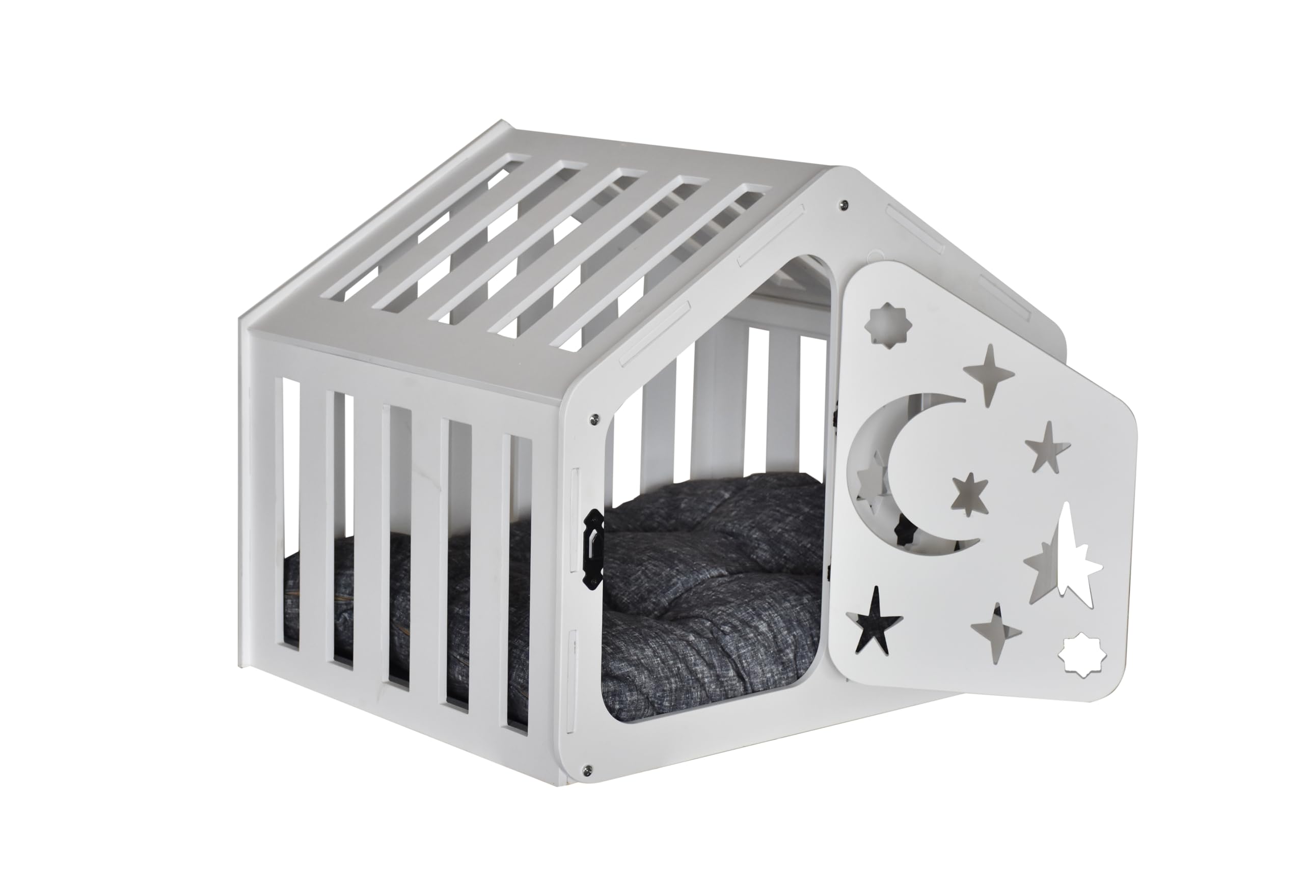 Layka Modern Indoor Dog House - Premium Wooden Dog Kennel with Double Doors & Cushion - Stylish Pet House for All Dog Breeds - Urban Dog Crate Furniture for Living Room, Bedroom or Office (Wood Craft Station, House of Paws)