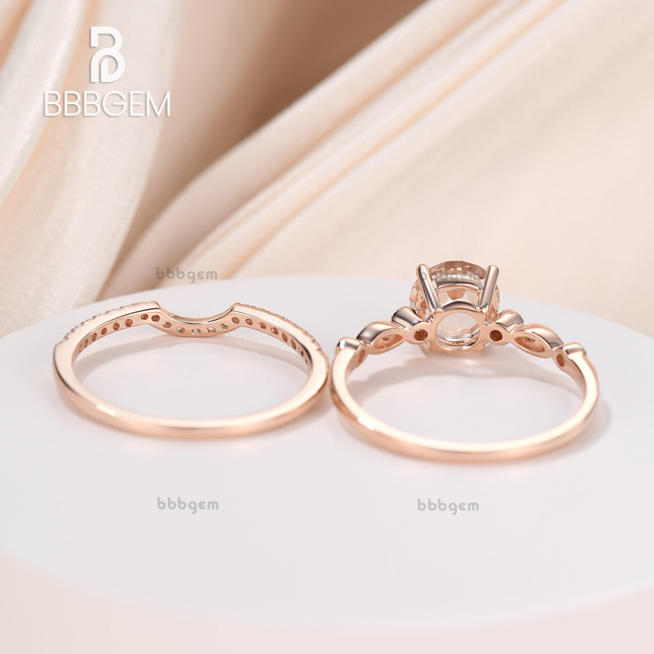 1 Carat Morganite Rose Gold Wedding Ring Set with Diamond Halo - Art Deco Bridal Stacking Band for Engagement, Anniversary & Special Occasions