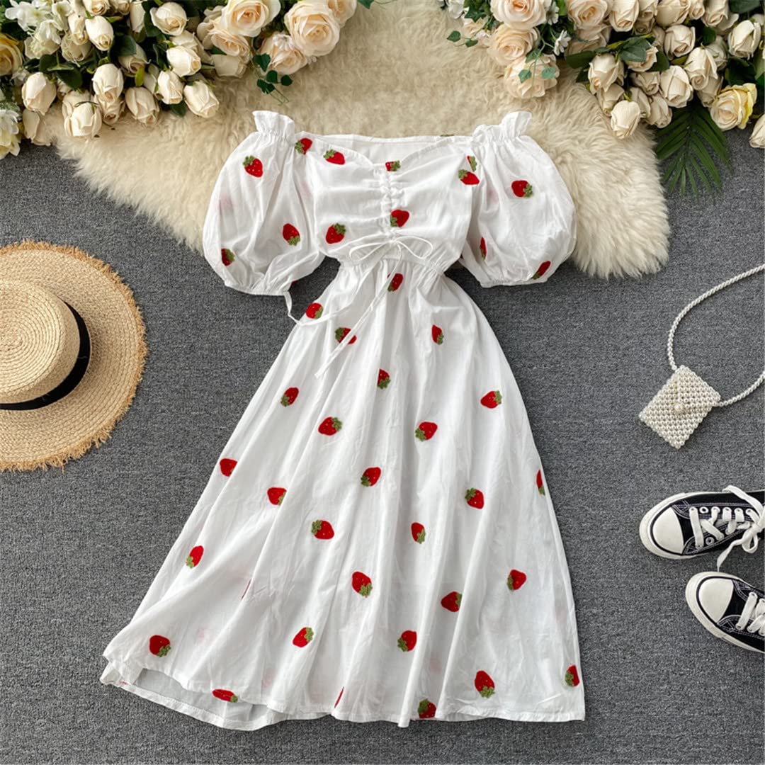 Vintage Strawberry Print Women's Dress - Kawaii Cherry Embroidered Puff Sleeve Square Neck Summer Dress in White | Perfect for Beach Vacations, Date Nights & Kawaii Fashion Outfits