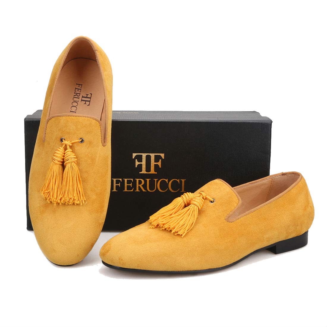 FERUCCI Men's Yellow Gold Suede Loafers - Comfortable Slip-On Slippers with Big Tassel | Casual House Shoes for Indoor & Outdoor Wear
