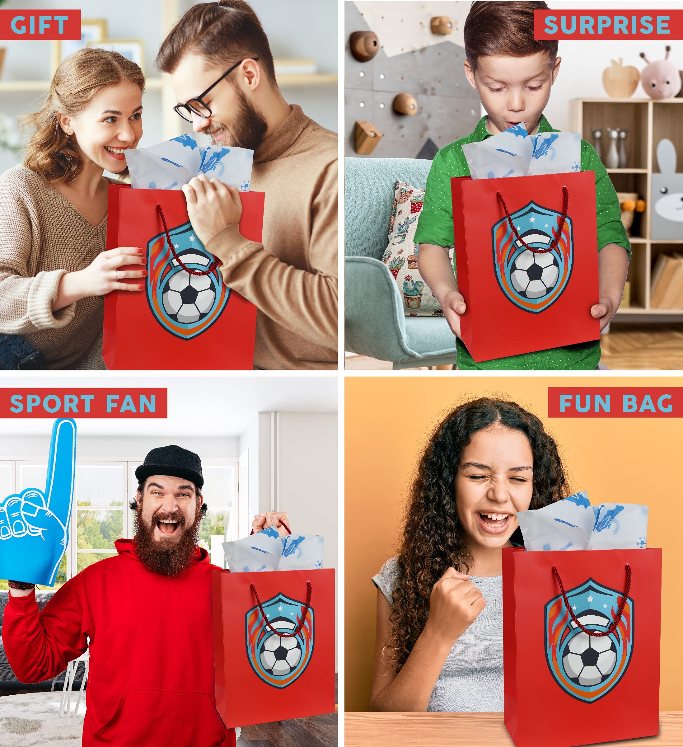 Premium Red Soccer Gift Bags with Tissue Paper - 13 Inch Large Reusable Paper Gift Bags with String Handles for Soccer Birthday Party Decorations, Sports Themed Gifts, and Team Celebrations - Perfect for Soccer Lovers, Coaches, and Players