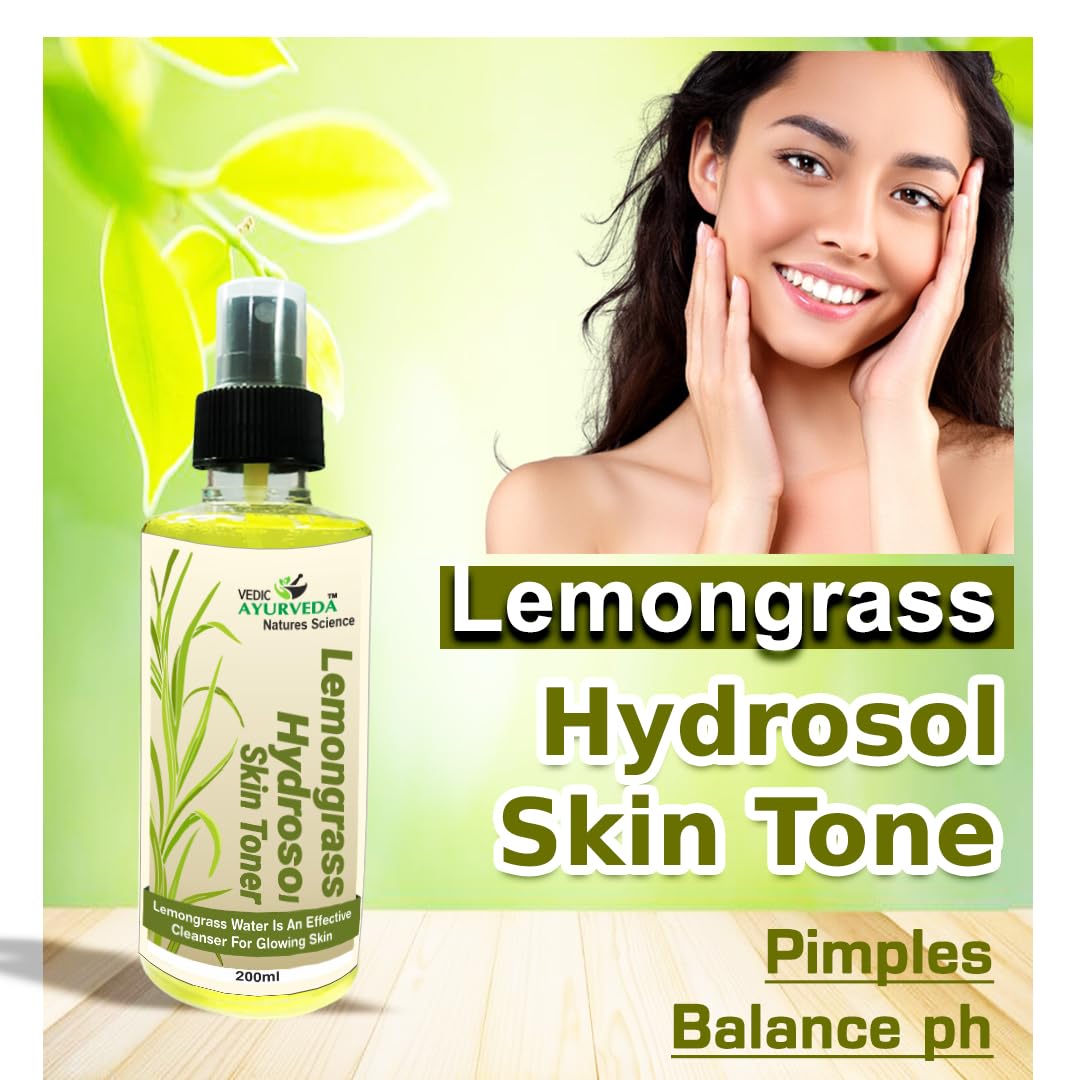 VEDICAYURVEDA Lemongrass Hydrosol Facial Toner - 200ml Natural Skin Care for Acne & Pimple Control, Oil Balancing, Pore Minimizing for Men & Women | Perfect for Daily Skincare Routine & Post-Shave Soothing