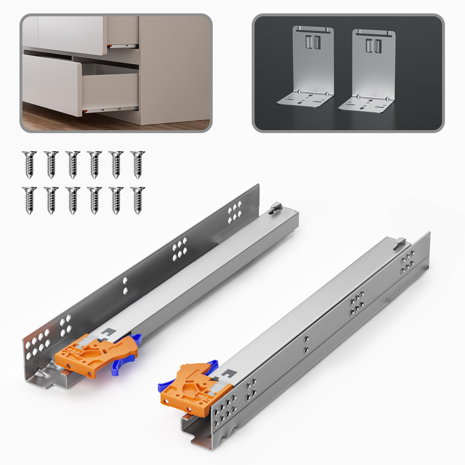 15 Inch Soft Close Drawer Slides - Full Extension Concealed Rails with Brackets - 80 lb Load Capacity - Heavy Duty Cabinet Hardware for Kitchen, Office & Furniture Installation (1 Pair)