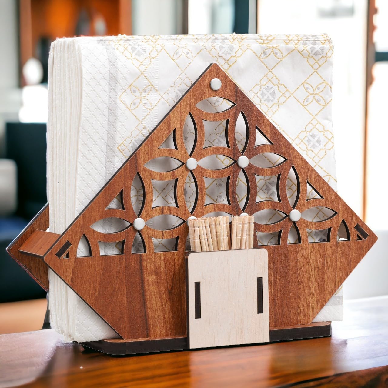 Modern Wooden Tissue Paper Holder with Steel Rivets - Stylish Home & Kitchen Decor for Dining Table, Restaurant, Cafe | Includes Tissue Paper Pack (Perfect for Living Room, Office, Bathroom)