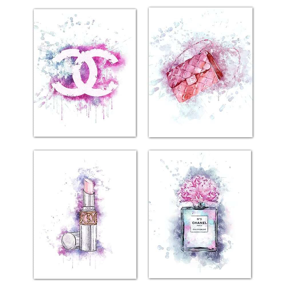 Chanel Pink Fashion Glam Wall Art Prints - Set of 4 (8x10) Unframed Posters for Girls Bedroom, Makeup Room & Vanity Decor | Perfume, Handbag & Makeup Theme | Perfect for Home Decor, Gift & Instagram Aesthetic Backdrops