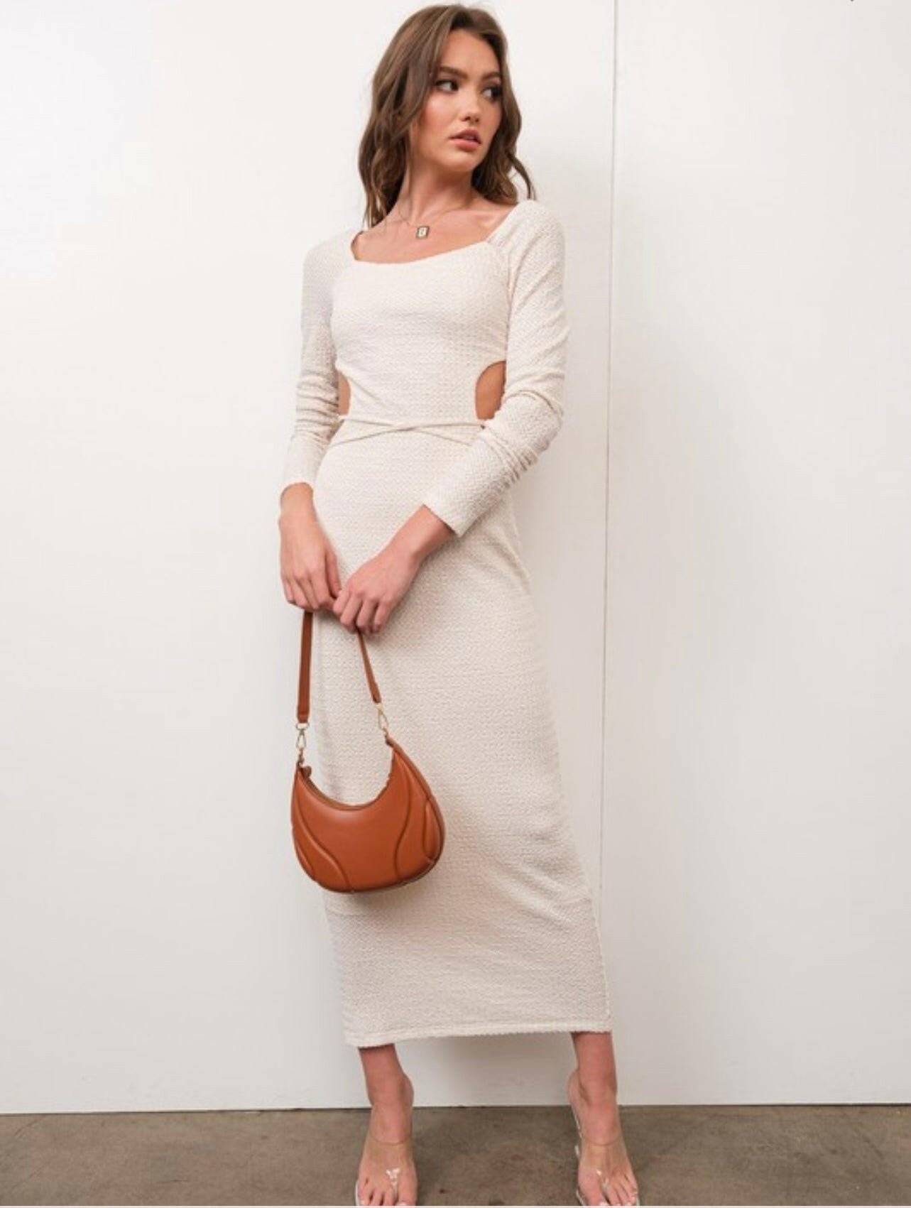 Elegant Open Back Textured Knit Maxi Dress in Ivory - Perfect for Summer Weddings & Beach Vacations