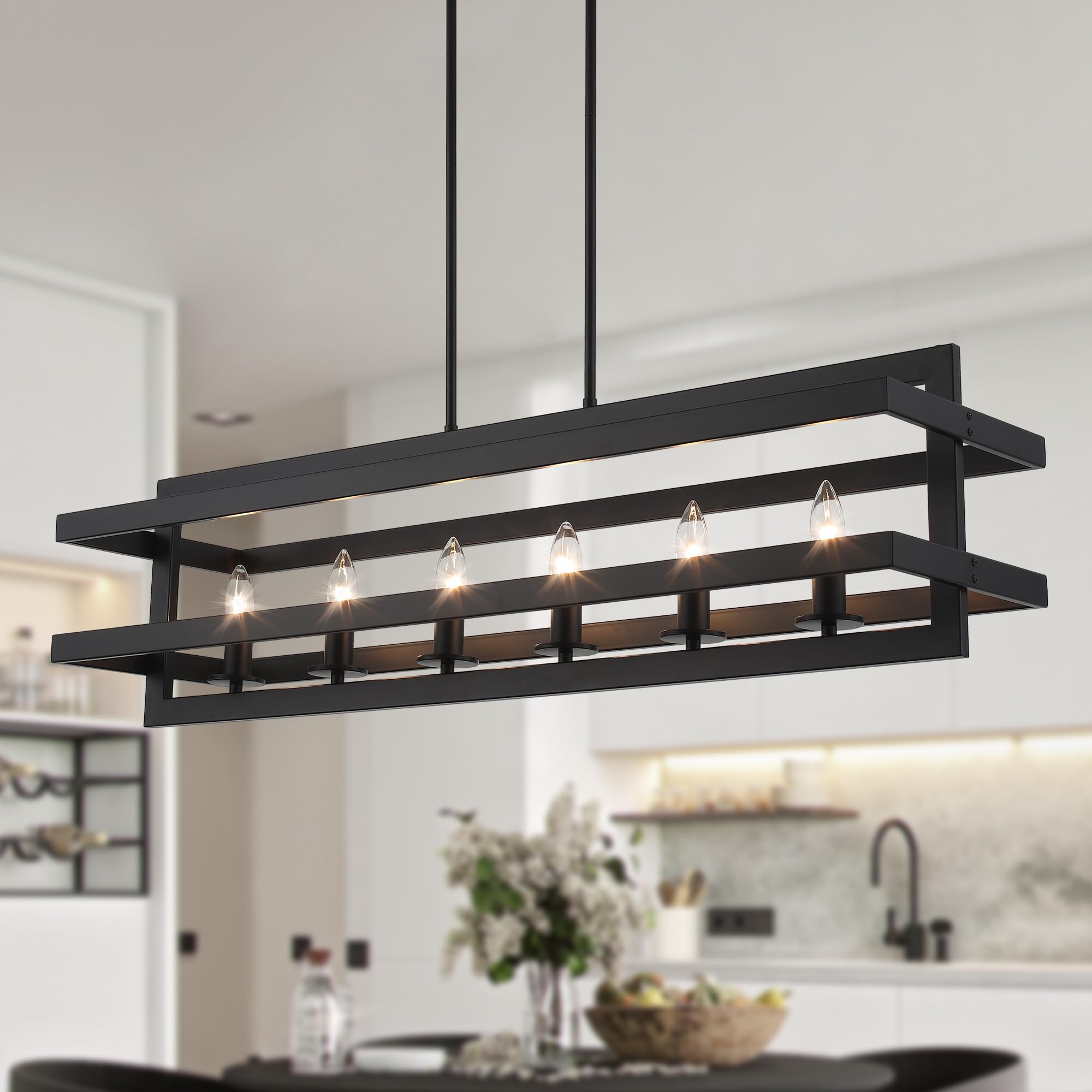 Modern Black Rectangle Chandelier - 6-Light Farmhouse Pendant Lighting for Kitchen Island, Dining Room & Living Room | Rustic Cage Design Fixture | Perfect for Farmhouse, Industrial & Vintage Home Decor
