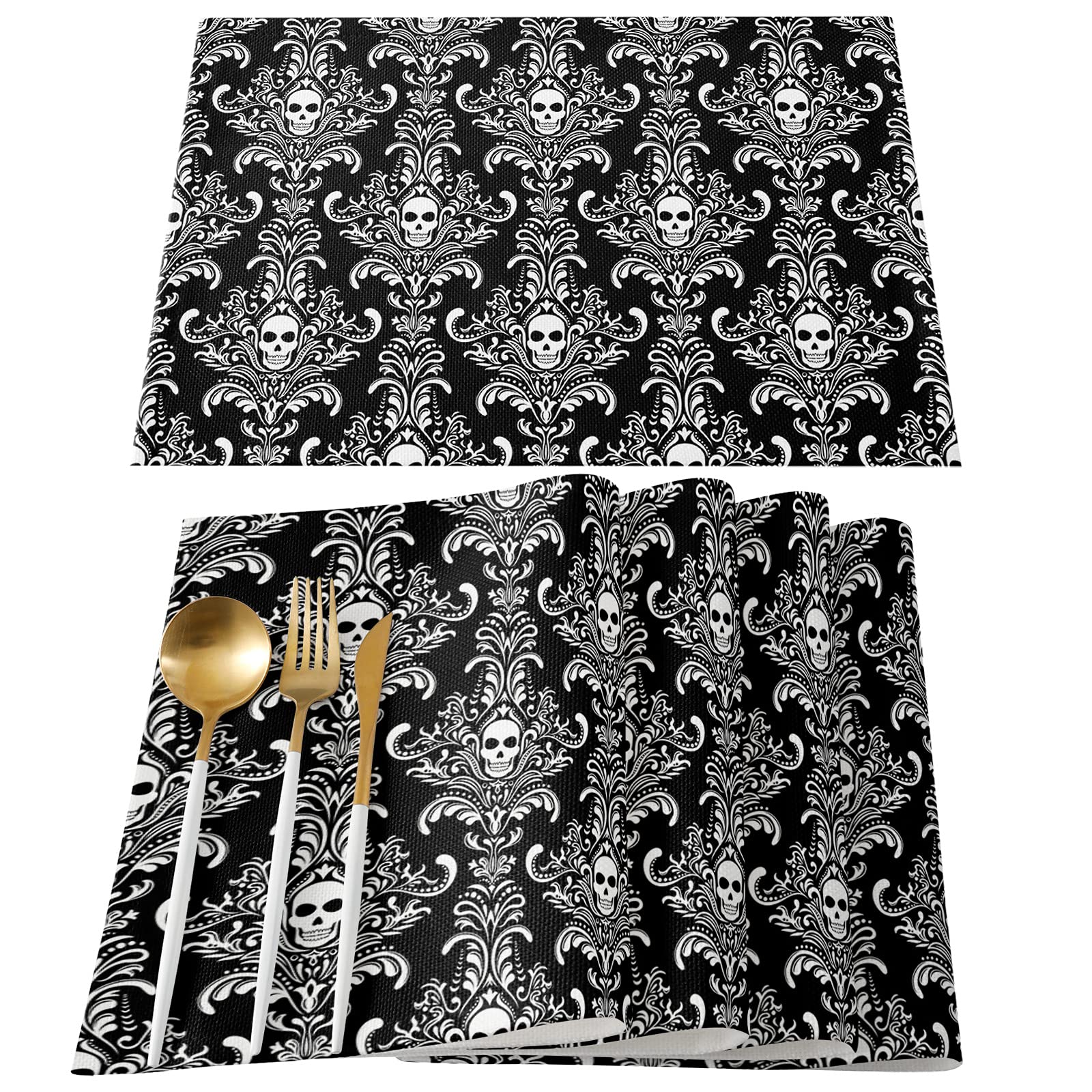 LooPoP Halloween Haunted Mansion Placemats Set of 6 - Washable, Heat-Proof Table Mats for Dining Table Decor - Black and White Kitchen & Banquet Dinner Mats - Perfect for Spooky Dinner Parties & Holiday Decorations