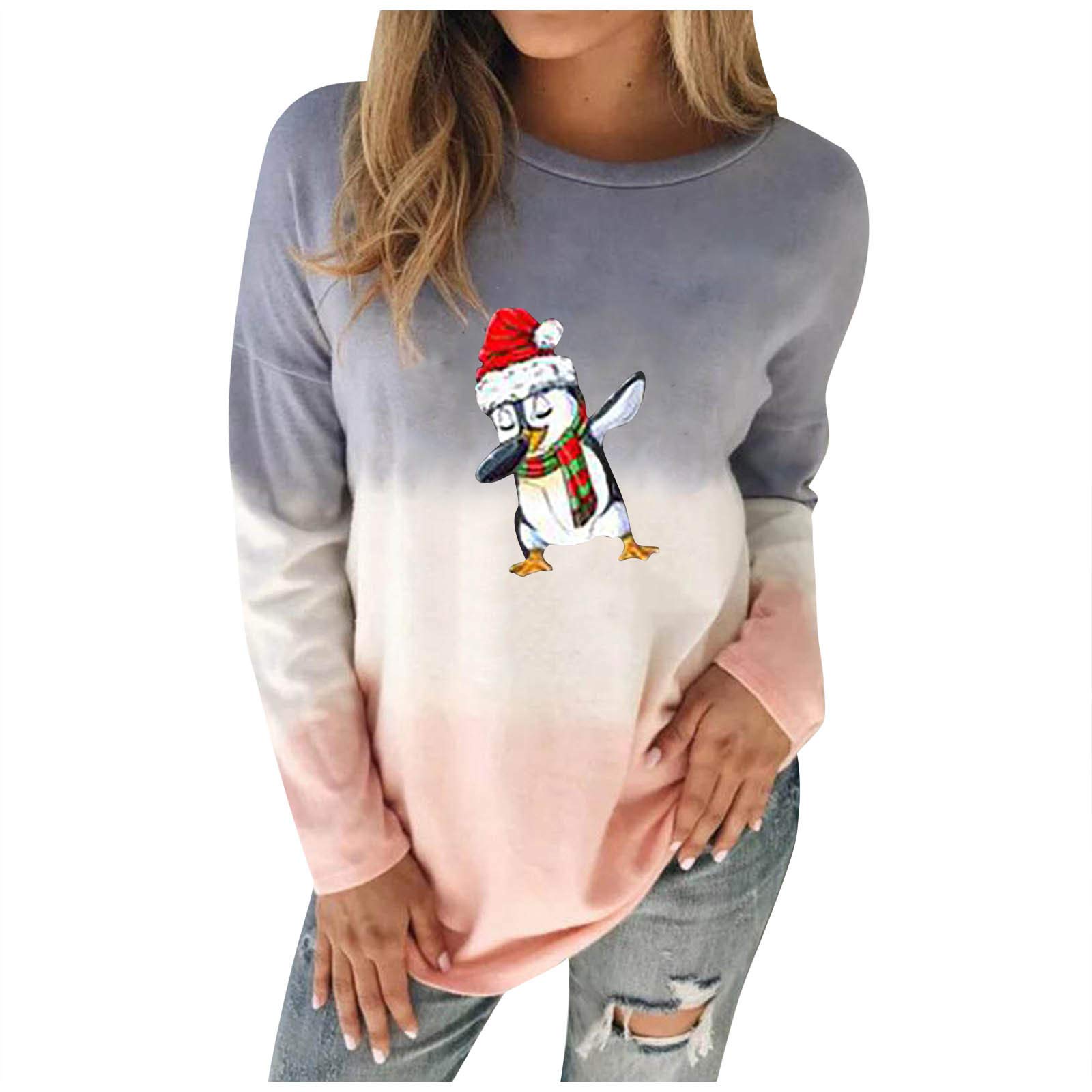 Women's Long Sleeve Christmas Sweatshirt - Gradient Fashion O-Neck Blouse Top for Holiday Parties & Casual Winter Wear