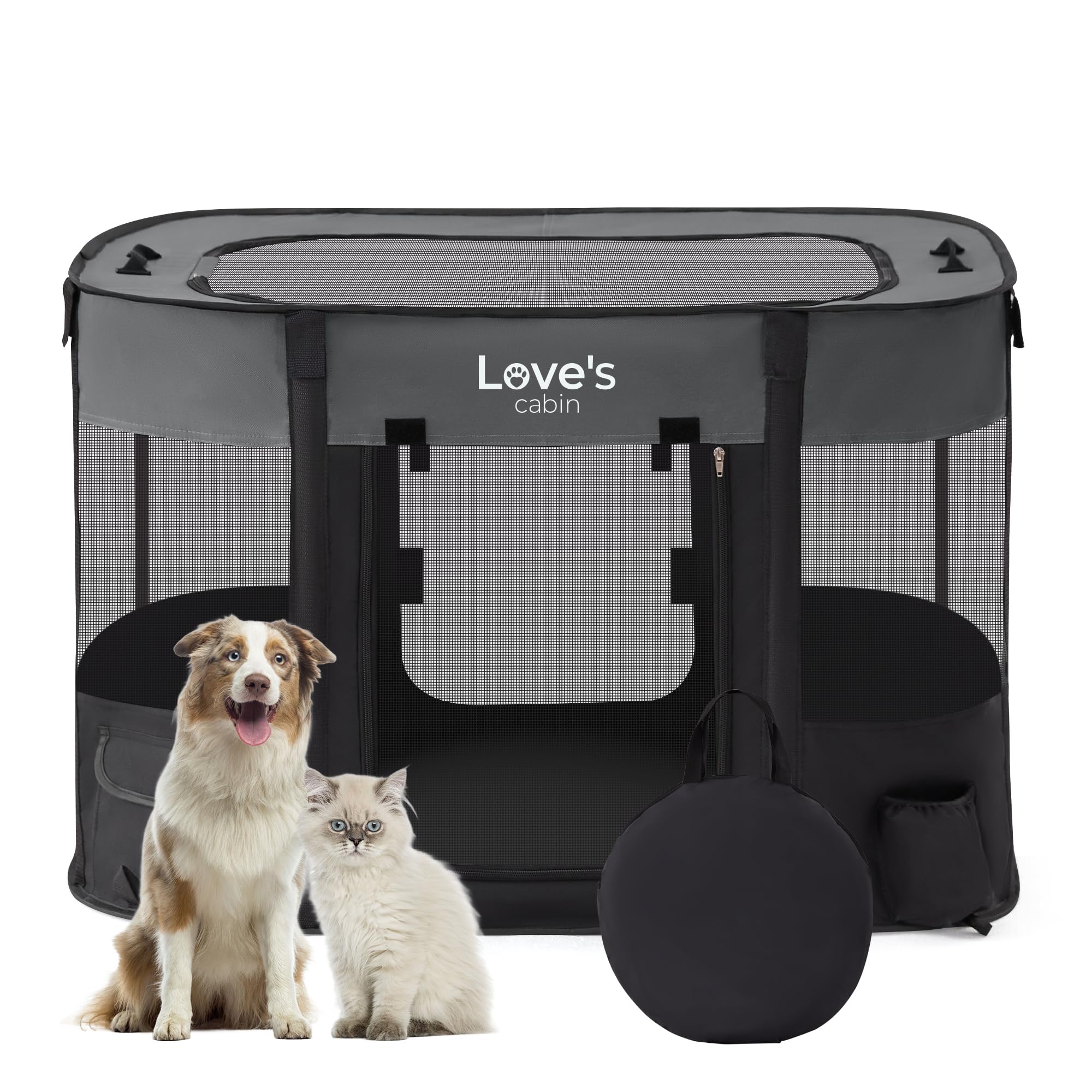 Love's Cabin Portable Pet Playpen for Small Dogs & Cats - Indoor/Outdoor Foldable Puppy Tent with Carrying Case (Grey, Size S) | Perfect for Travel, Camping & Home Use