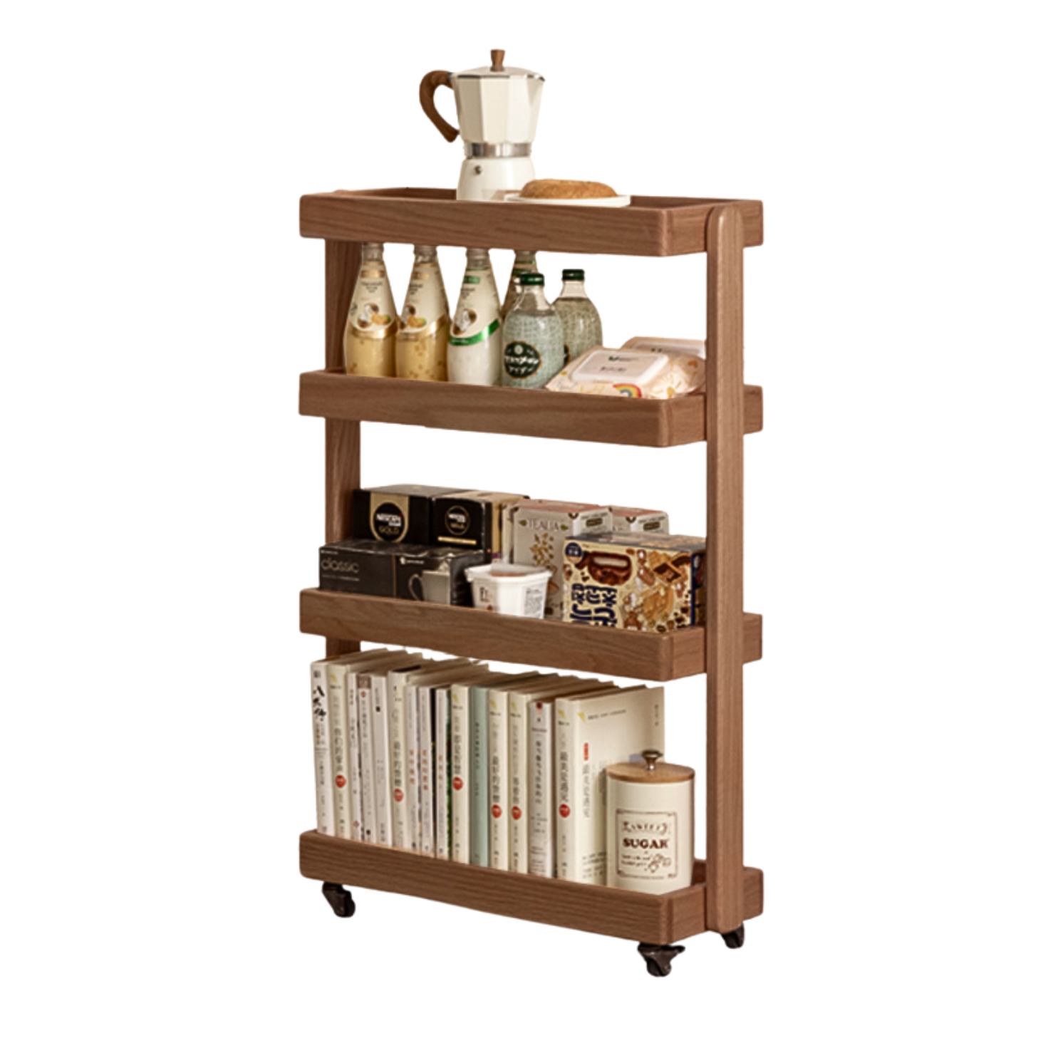 Oak Solid Wood Mobile Storage Rack Cart - Ultra Narrow Space-Saving Organizer for Kitchen, Bathroom, or Office Use