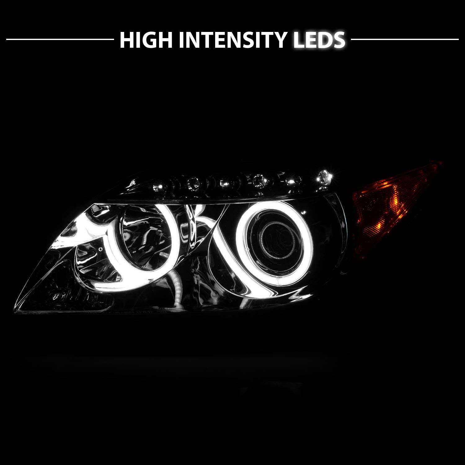 AmeriLite Chrome Ultra Bright LED Halo Projector Headlights for Scion Tc - Pair (Driver & Passenger Side) | High Visibility Night Driving & Custom Car Styling