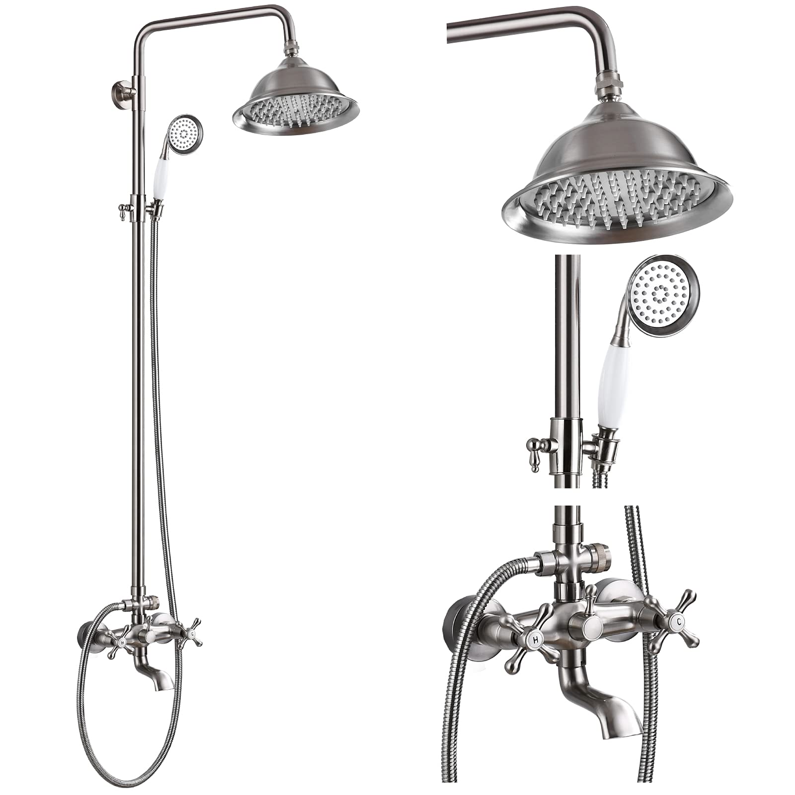 Gotonovo 8 Inch Rainfall Shower System - Brushed Nickel Wall Mount Exposed Shower Faucet with Tub Spout, Handheld Spray & Double Cross Handles (No Shelf) - Perfect for Outdoor Showers, Bathroom Renovations & Spa-Like Experience