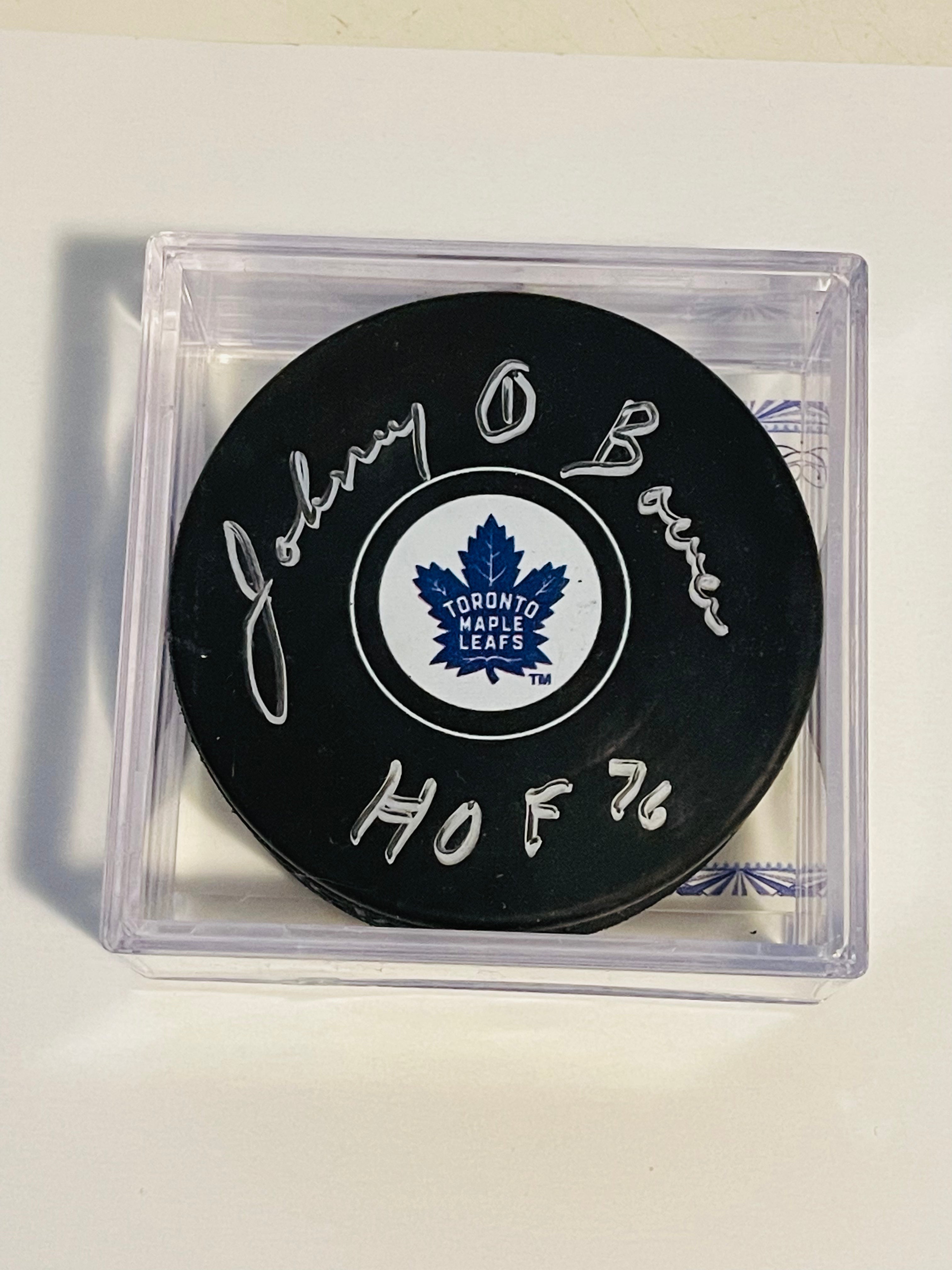Authentic Johnny Bower Signed Toronto Maple Leafs Hockey Puck with COA - Perfect for NHL Collectors, Sports Memorabilia Displays & Hockey Fan Gifts