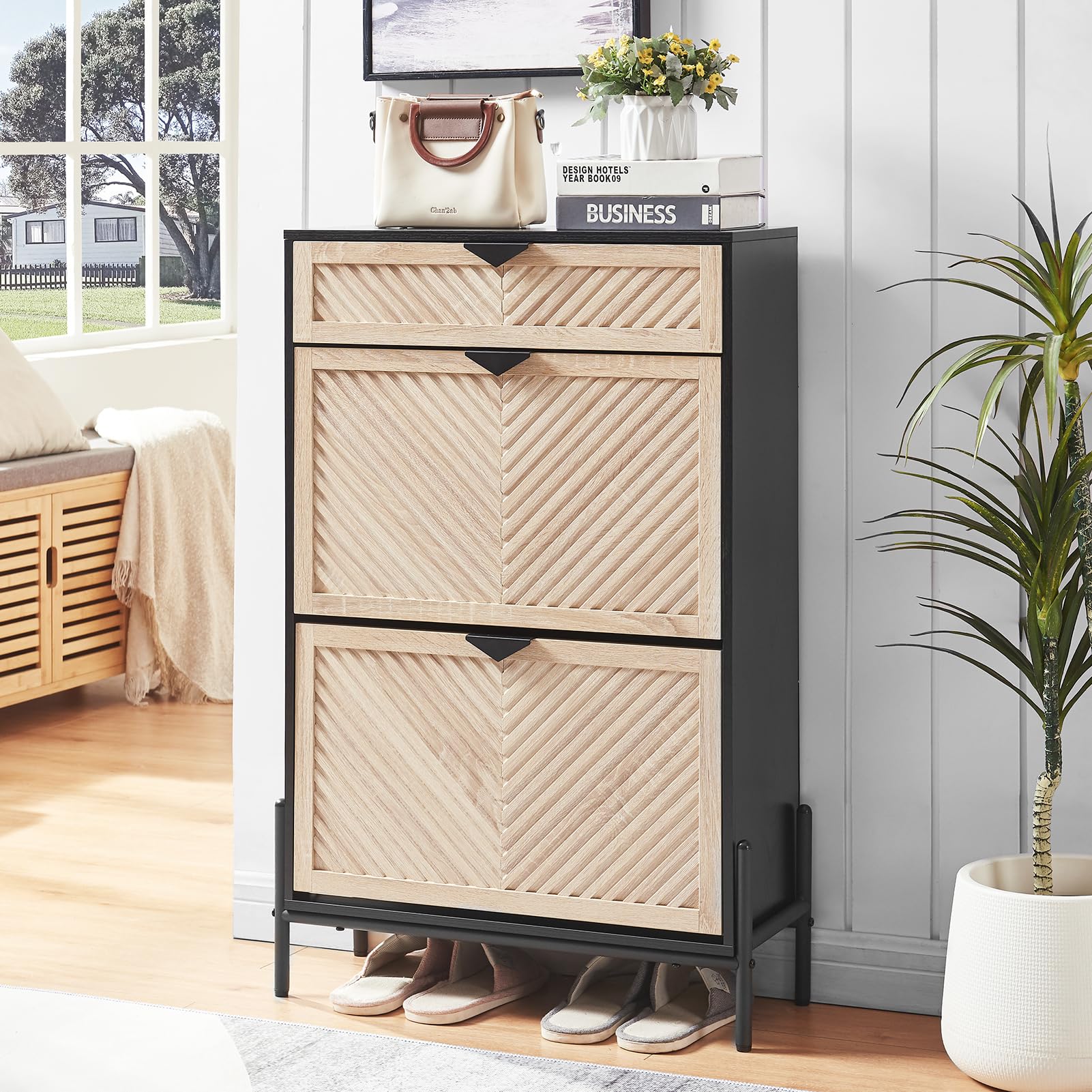 2-Tier Flip-Drawer Shoe Storage Cabinet - Narrow Freestanding Shoe Organizer for Entryway & Front Door - Space-Saving Oak Shoe Rack for Small Spaces - Perfect for Apartments, Dorms & Closet Organization
