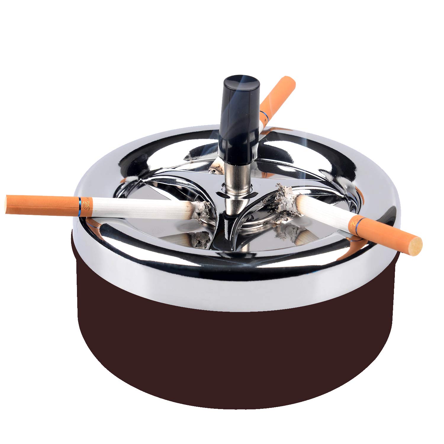 Stainless Steel Modern Round Push Down Tabletop Cigarette Ashtray with Spinning Tray - Indoor & Outdoor Use - Home Office Desktop Smoking Ash Tray (Brown) - Perfect for Patio, Living Room, or Smoking Lounge