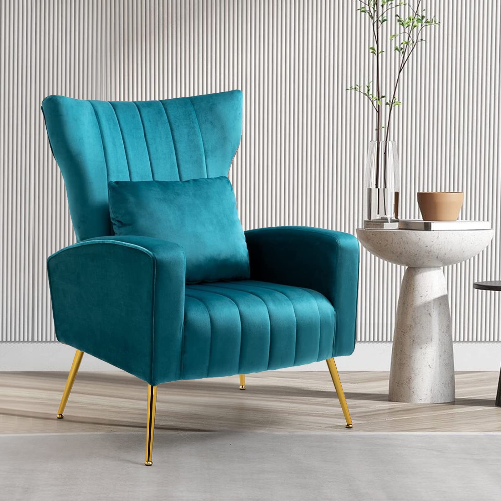 Velvet Accent Chair with Lumbar Pillow & Gold Legs - Modern High Back Armchair for Living Room, Bedroom & Vanity - Teal Blue Barrel Chair for Home Decor & Relaxation