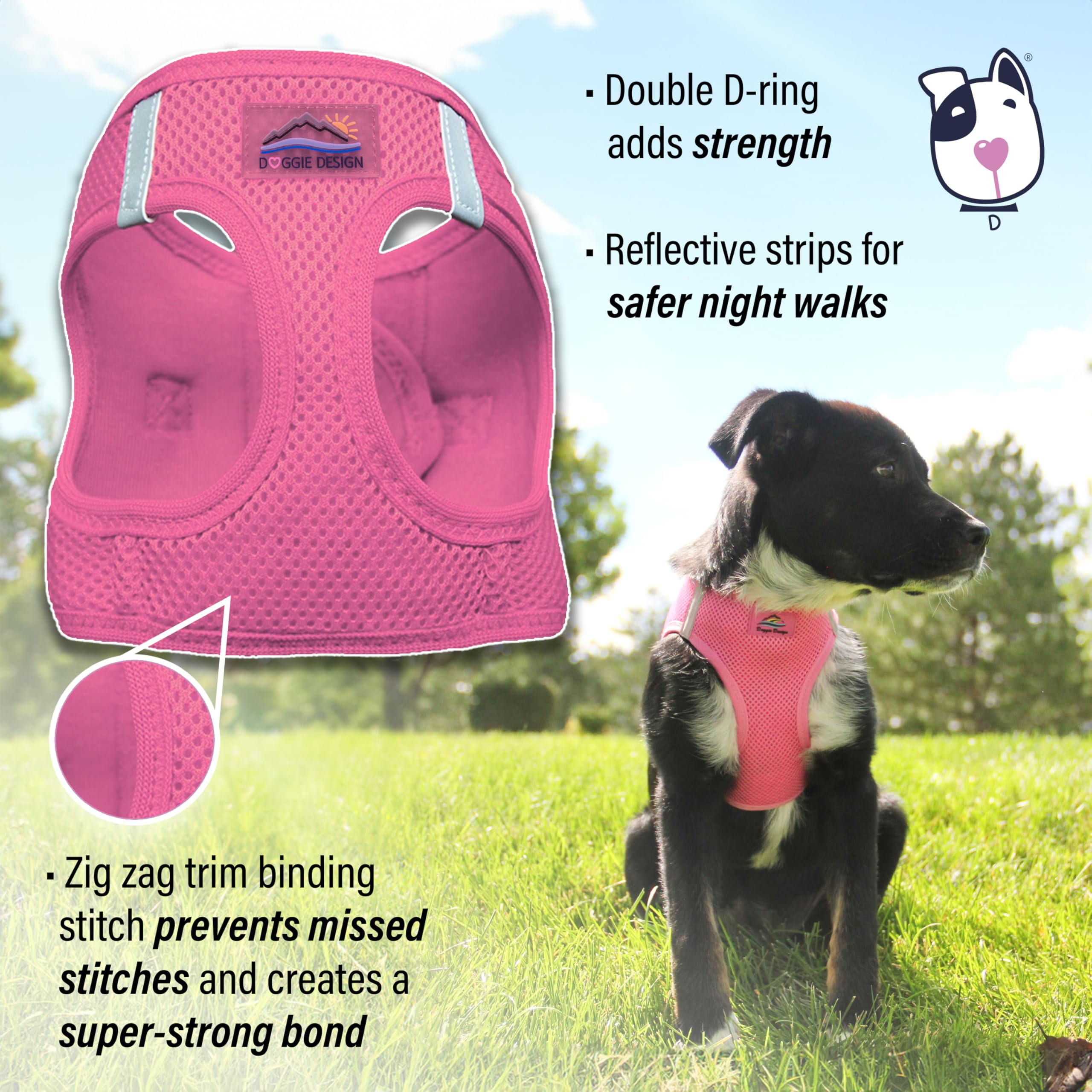 Doggie Design No Choke Dog Harness - Breathable Mesh Polyester Pet Vest, Easy Step-in Design for Small Dogs - XXS Candy Pink | Perfect for Walking, Training & Outdoor Adventures