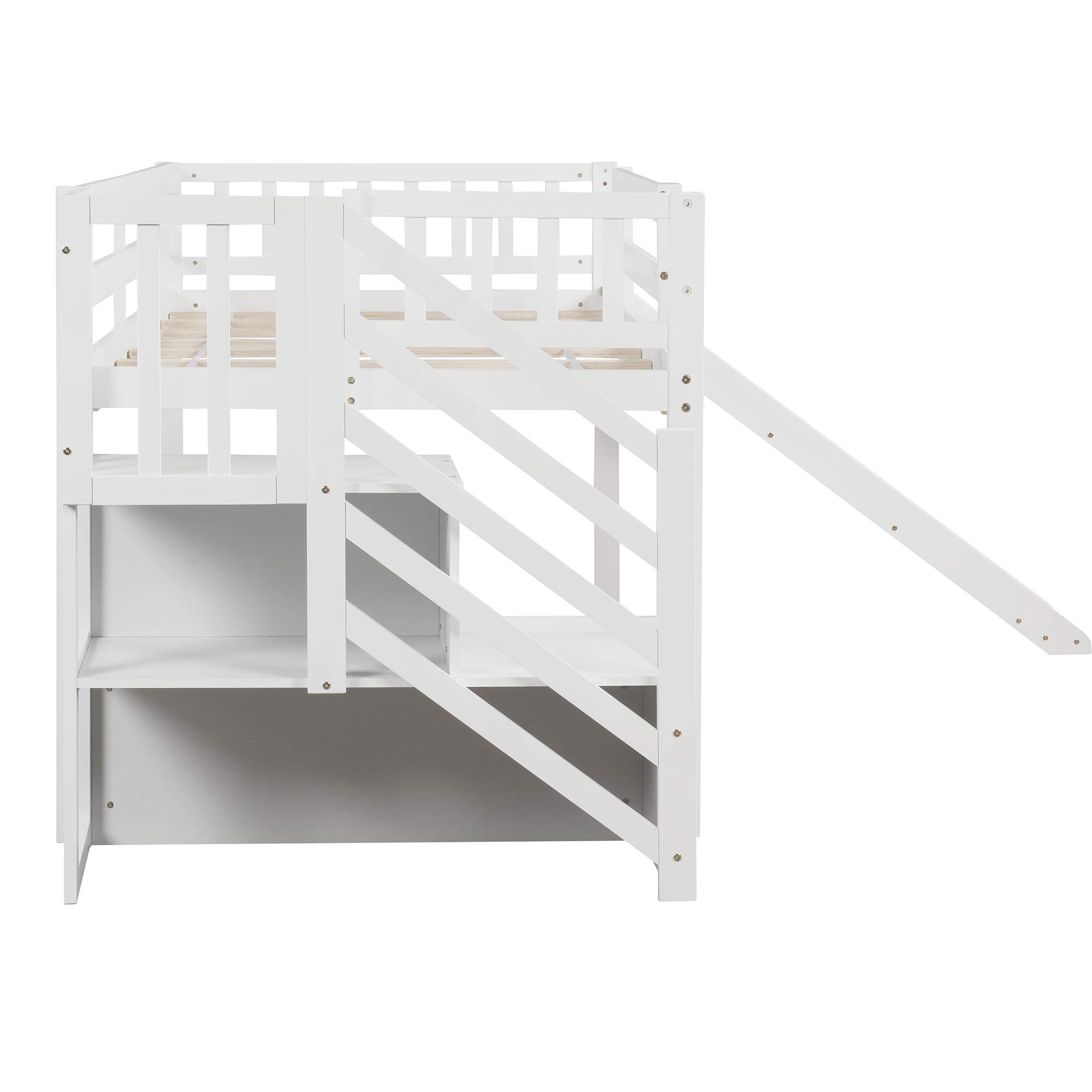 **Twin Size Low Loft Bed with Adjustable Slide & 2-Step Staircase - Wooden Kids Loft Bed for Girls & Boys, No Box Spring Needed (White + Pine) - Perfect for Small Bedrooms, Playrooms & Dorm Rooms**
