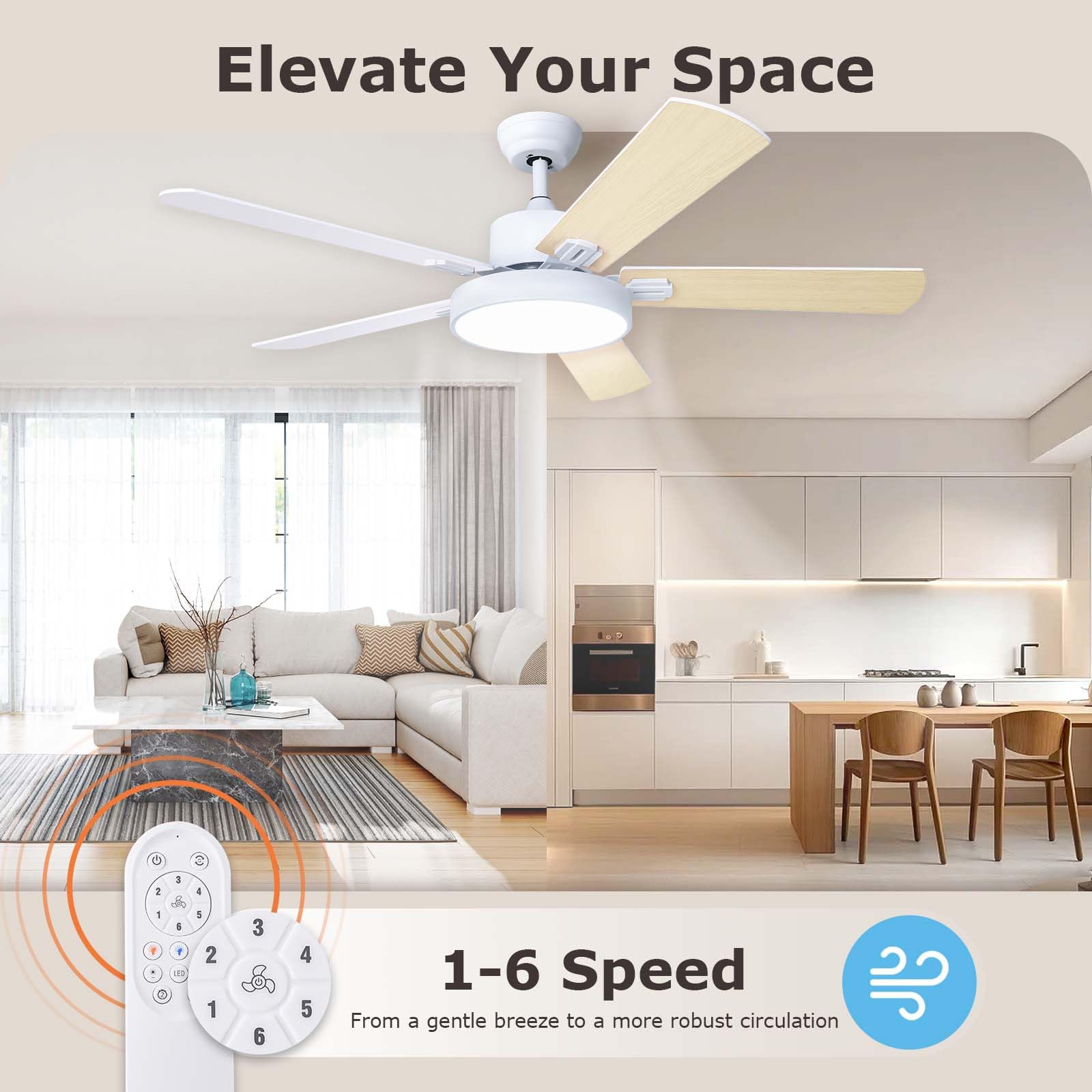 52 Inch Modern Ceiling Fan with Lights & Remote Control - Dual-Sided Blades, 24dB Ultra Quiet DC Motor, Dimmable LED Lighting - Perfect for Bedroom, Living Room & Office (Natural Wood/White Finish) - Energy Efficient Cooling & Stylish Home Decor Solution