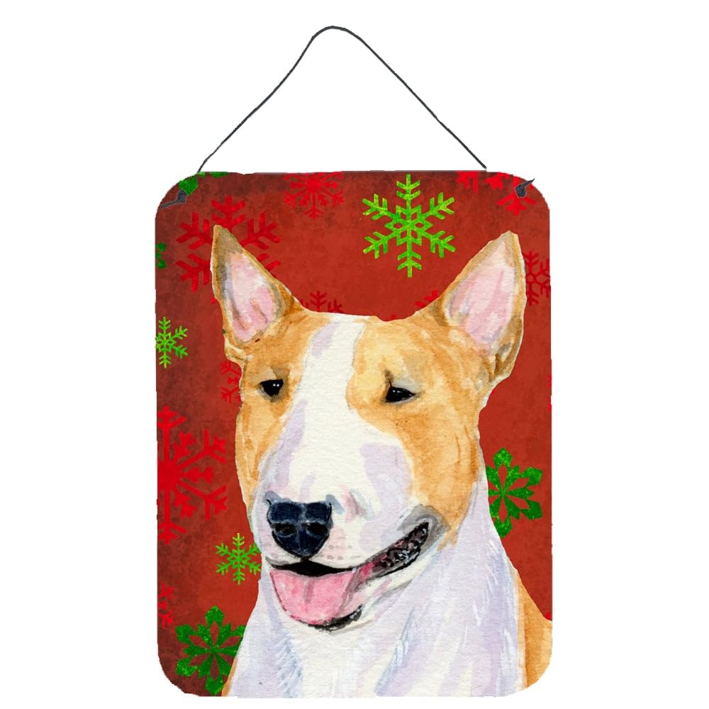 Bull Terrier Red & Green Snowflakes Holiday Christmas Metal Sign - Aluminum Wall or Door Hanging Decor for Kitchen, Bar, Bathroom & Front Door | Perfect for Festive Home Decor & Gift Giving