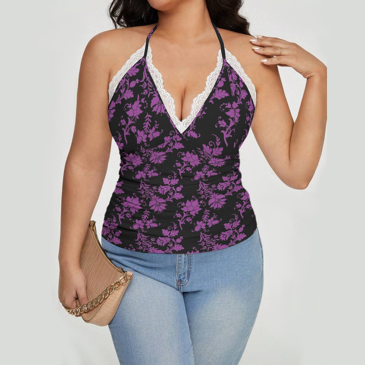 Elegant Purple Floral Lace Trim Tie Back Crop Top for Women | Summer Boho Chic Blouse | Perfect for Beach Vacations, Date Nights & Music Festivals