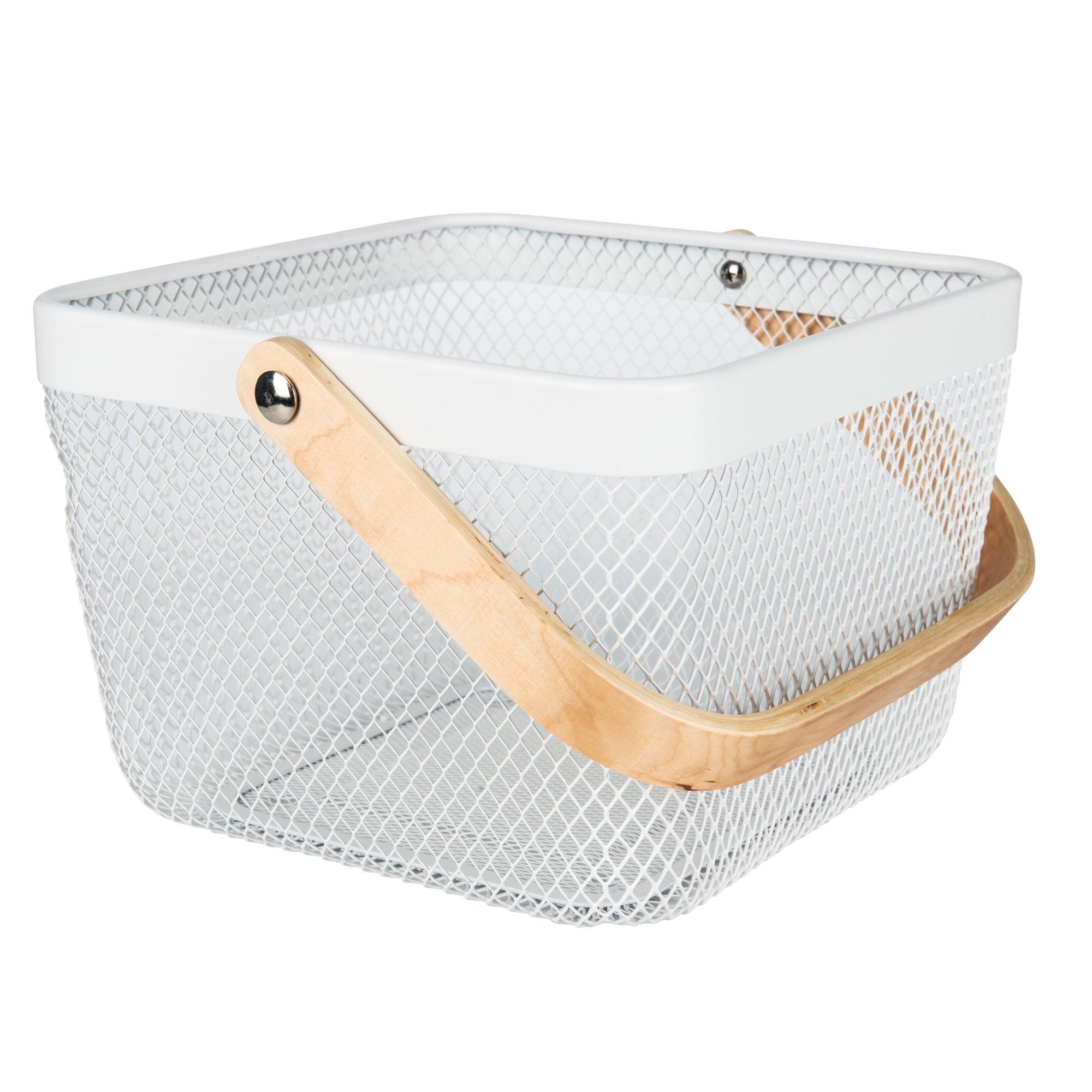 White Small Handy Storage Basket with Wooden Handle - Organize Home, Kitchen, Bathroom & Office Supplies - Perfect for Home Decor, Gift Giving and Daily Storage Needs